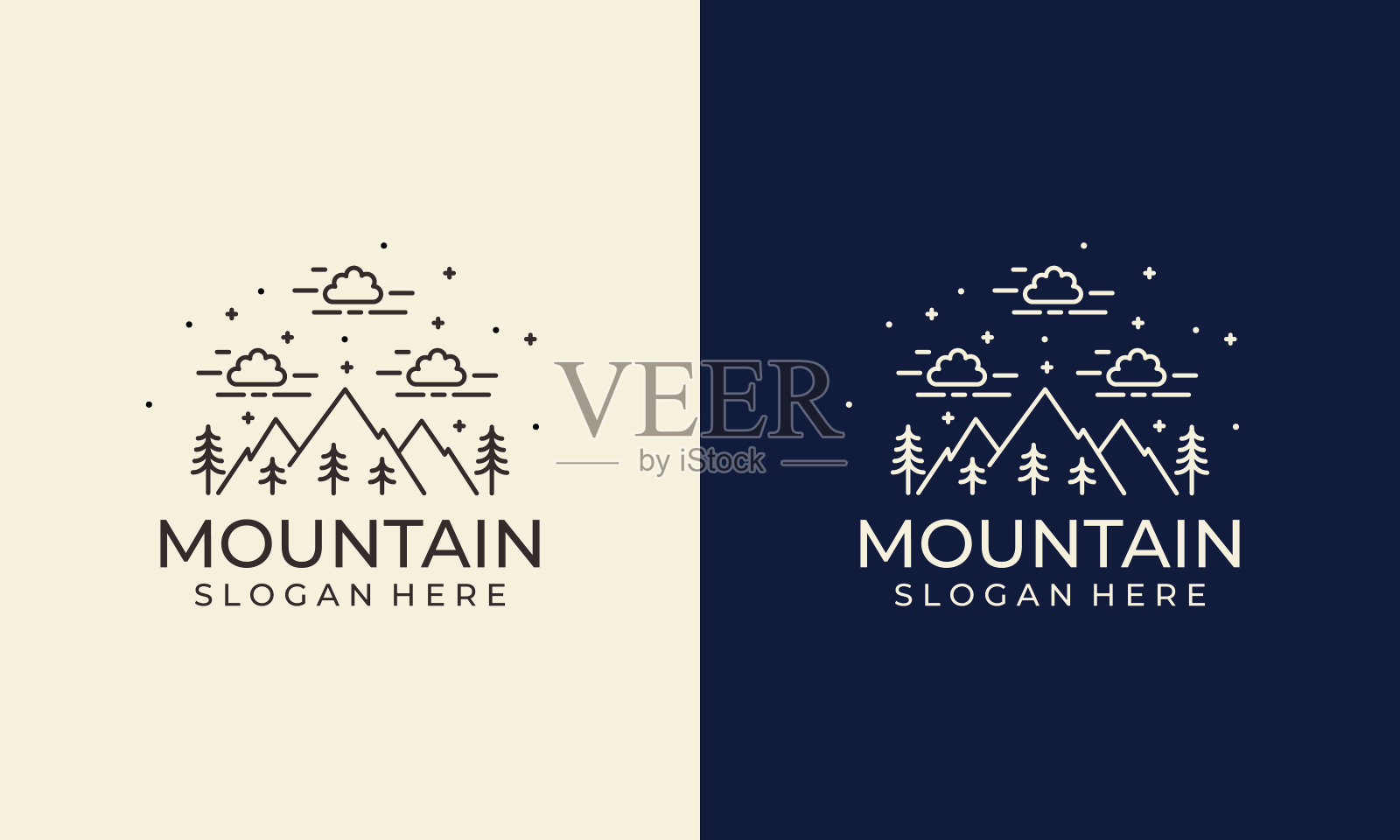 线条艺术山的标志，简单的冒险图形与树和天空的标志模板插画图片素材