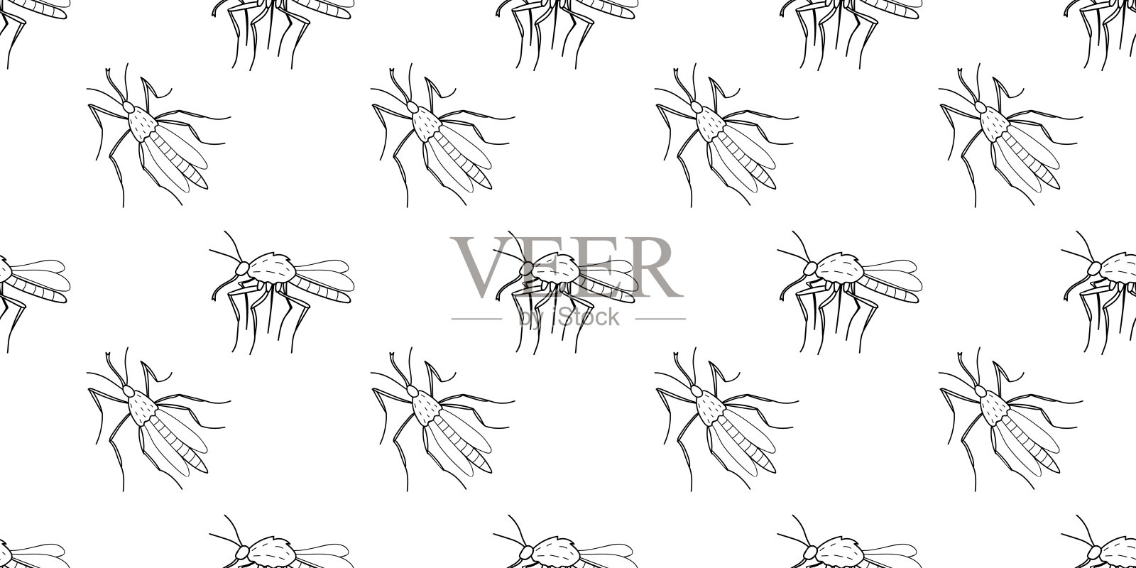 矢量无缝模式的黑色轮廓蚊子，飞蛾，在涂鸦素描风格的蠓。简单的纹理，带有昆虫，吸血动物，害虫插画图片素材