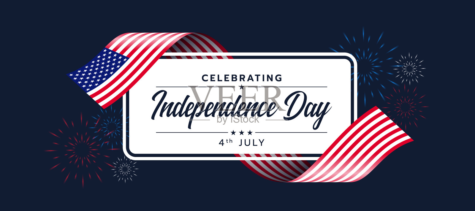 庆祝美国独立日文本与美国国旗彩带挥舞的白色旗帜和火焰工作在深蓝色的背景向量设计插画图片素材
