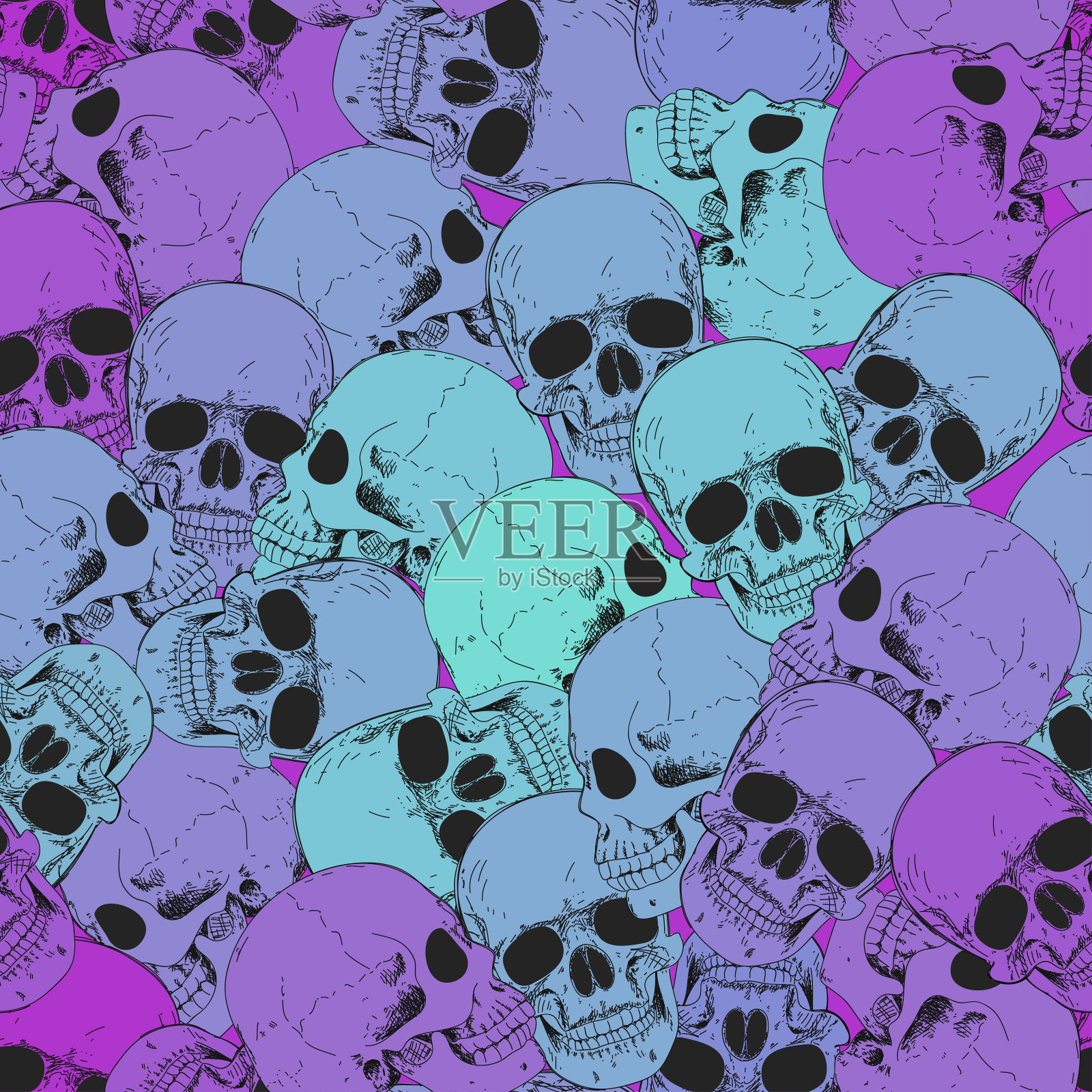 头骨无缝模式。万圣节壁纸。人体骨架手绘背景。插画图片素材