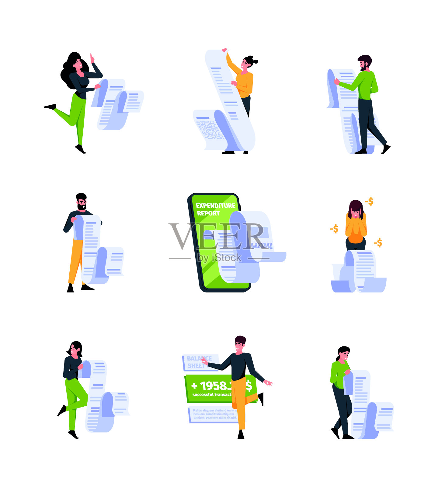 文档的人。商业人物的清单持有和订阅个人合同和文件与企业家花哨的矢量彩色集合插画图片素材