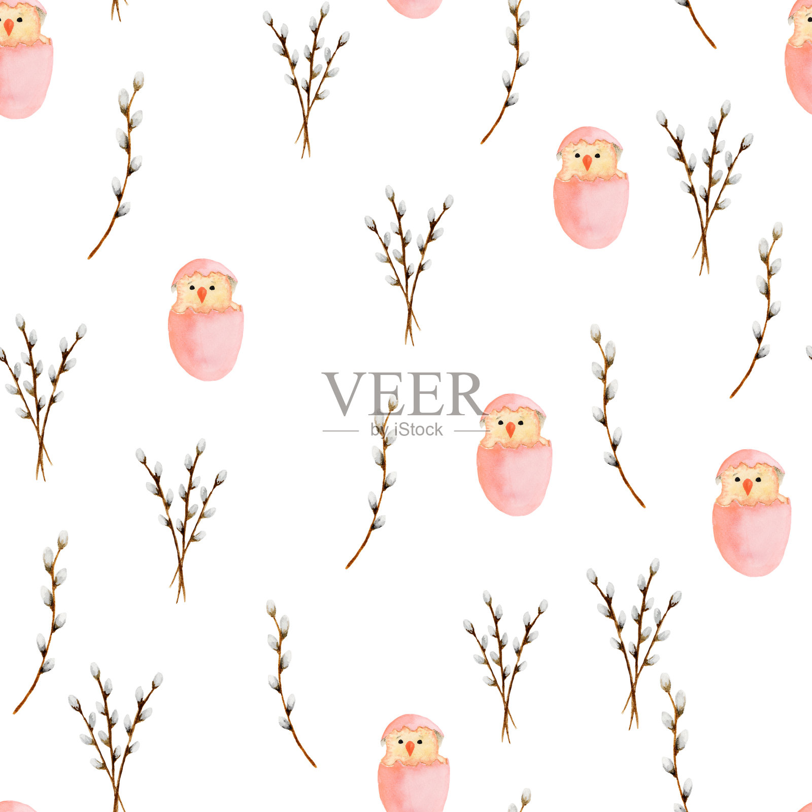 无缝图案鸡在壳和柳枝与芽，水彩图案为复活节设计插画图片素材