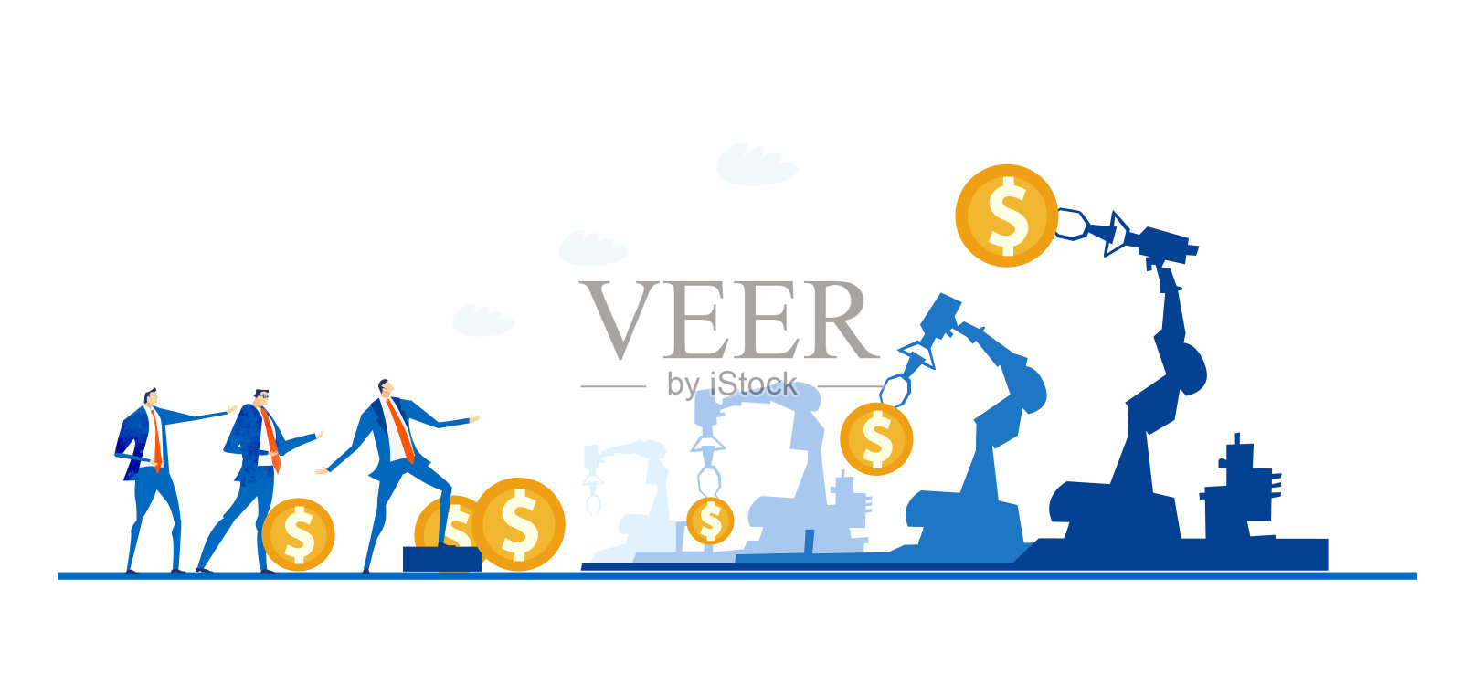 机器人。商业人士和机器人，从事人工智能工作的人，机器人帮助人们创造东西。插画图片素材