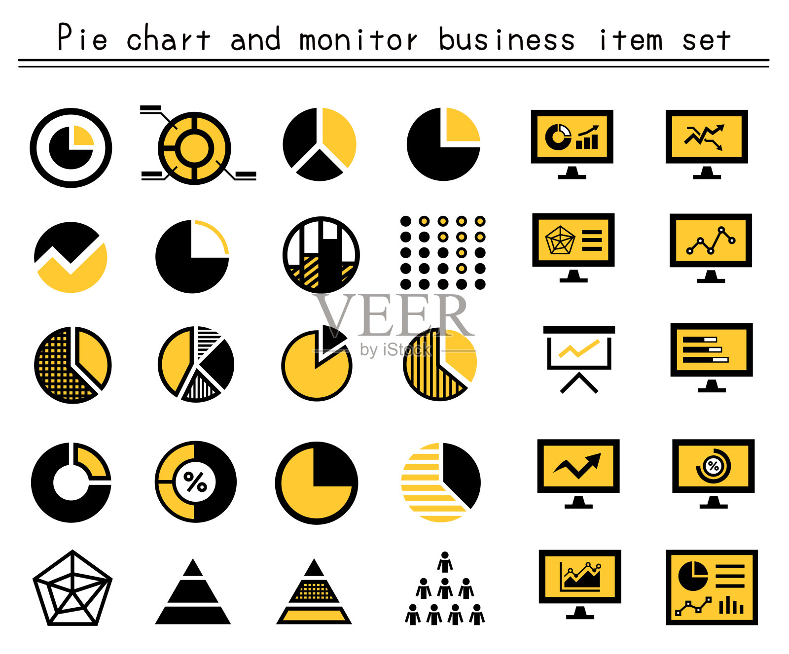 一组黑色和黄色的饼图和监视器图标。图标素材