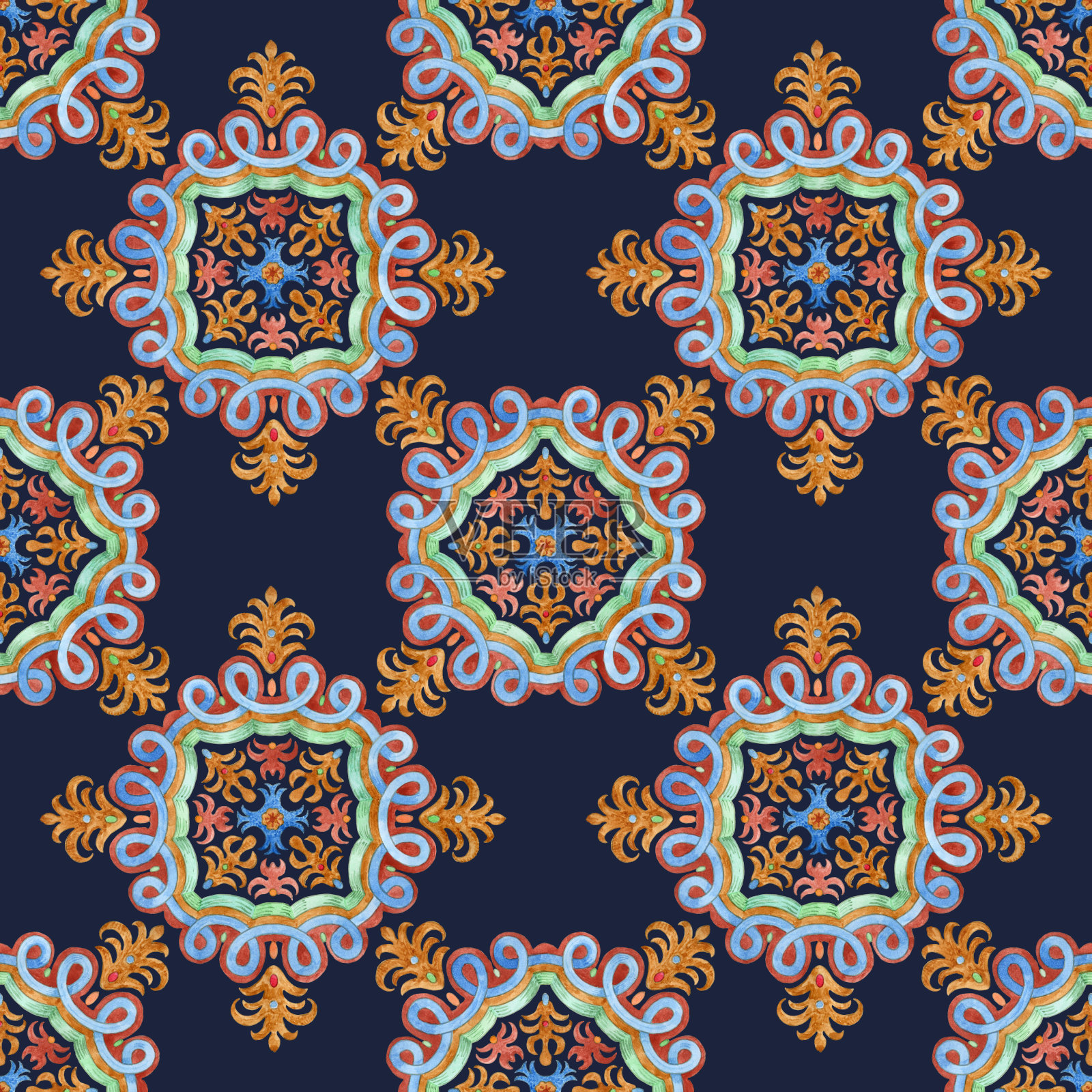 无缝水彩画马赛克瓷砖图案，几何和花卉装饰的地中海majolica陶瓷风格插画图片素材