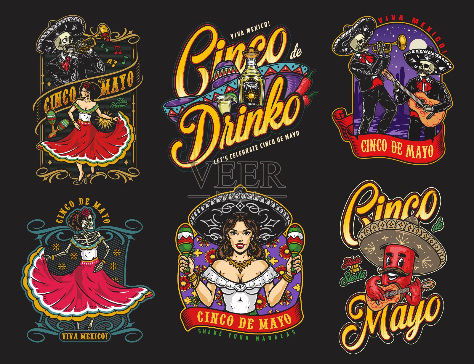 彩色墨西哥复古徽记收藏设计元素图片