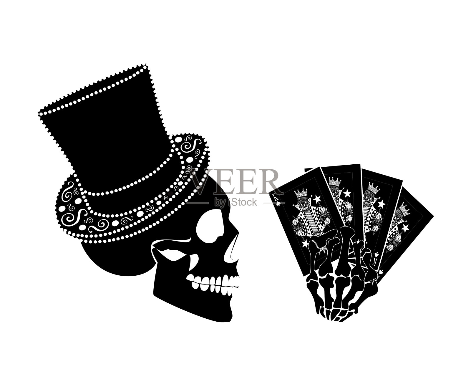 赌场标志与头骨图标，圆柱帽和卡片，黑白插图插画图片素材