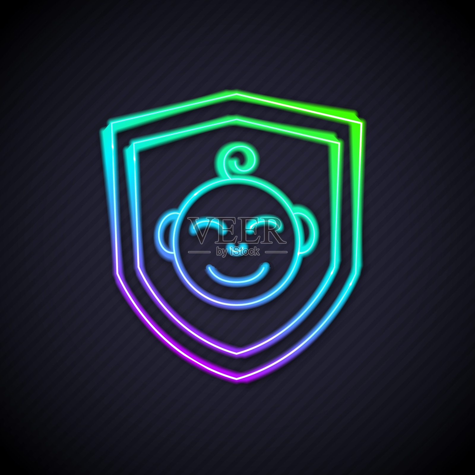 发光的霓虹线宝贝盾图标孤立在黑色背景上。孩子安全标志。向量插画图片素材