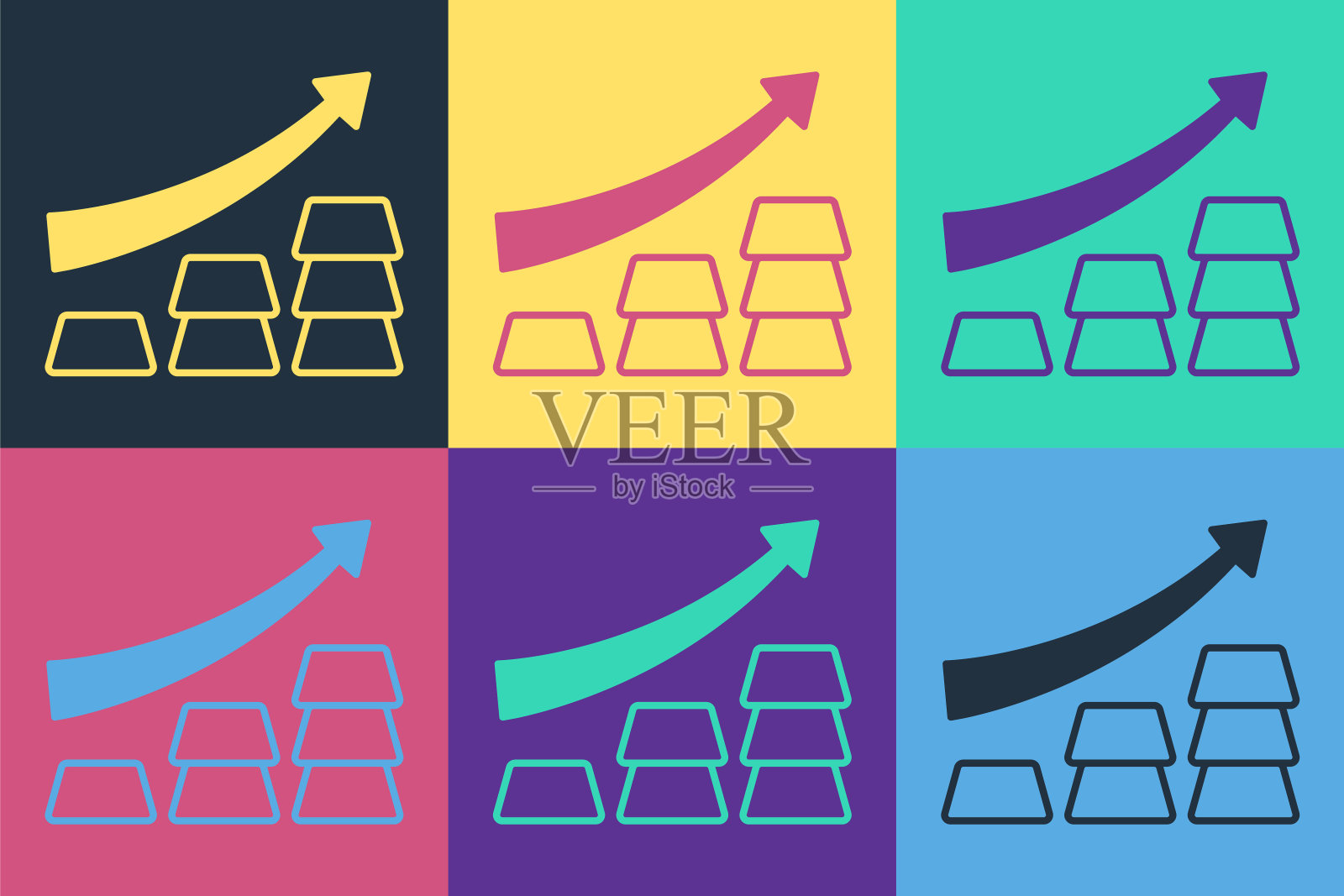 波普艺术金融增长图表箭头与金色条形图标孤立的颜色背景。财务成功的概念。黄金投资的概念。向量图标素材