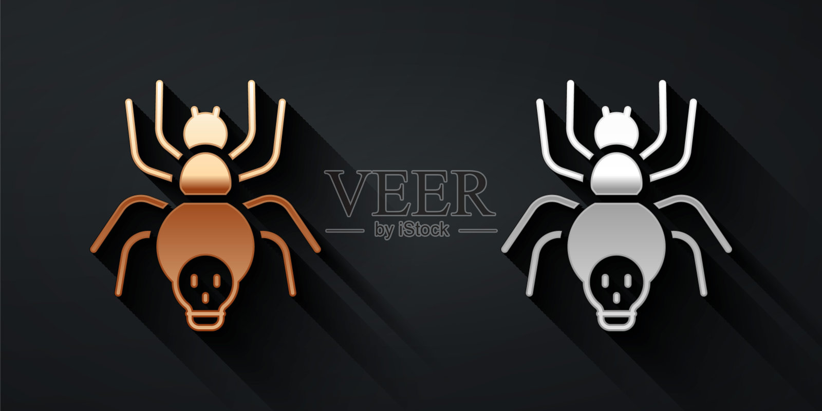 金和银毒蜘蛛图标孤立在黑色背景。快乐的万圣节派对。长长的阴影风格。向量插画图片素材