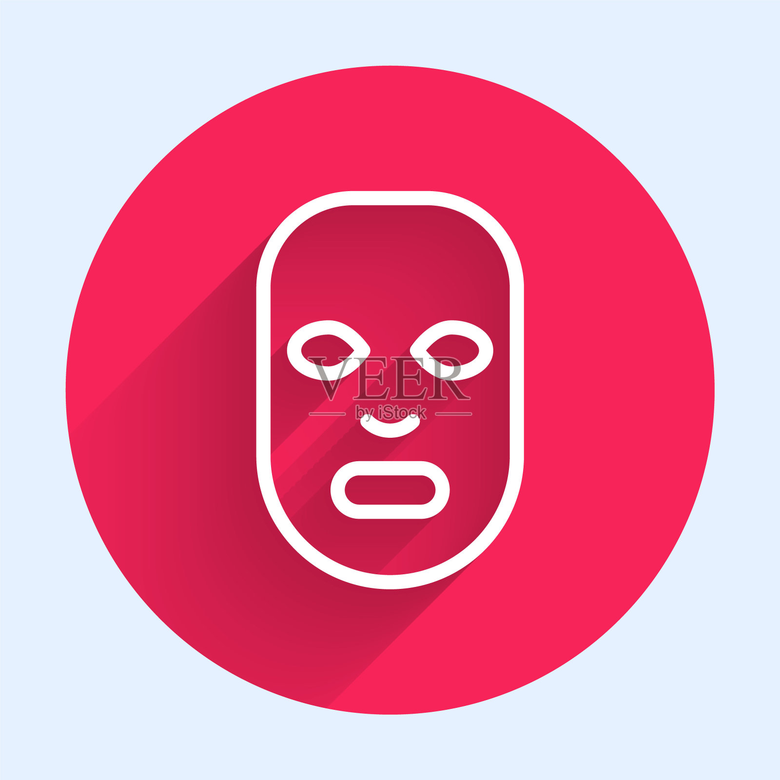 白线面部化妆品面具图标孤立与长阴影背景。美容、医药、保健。红色圆圈按钮。向量插画图片素材