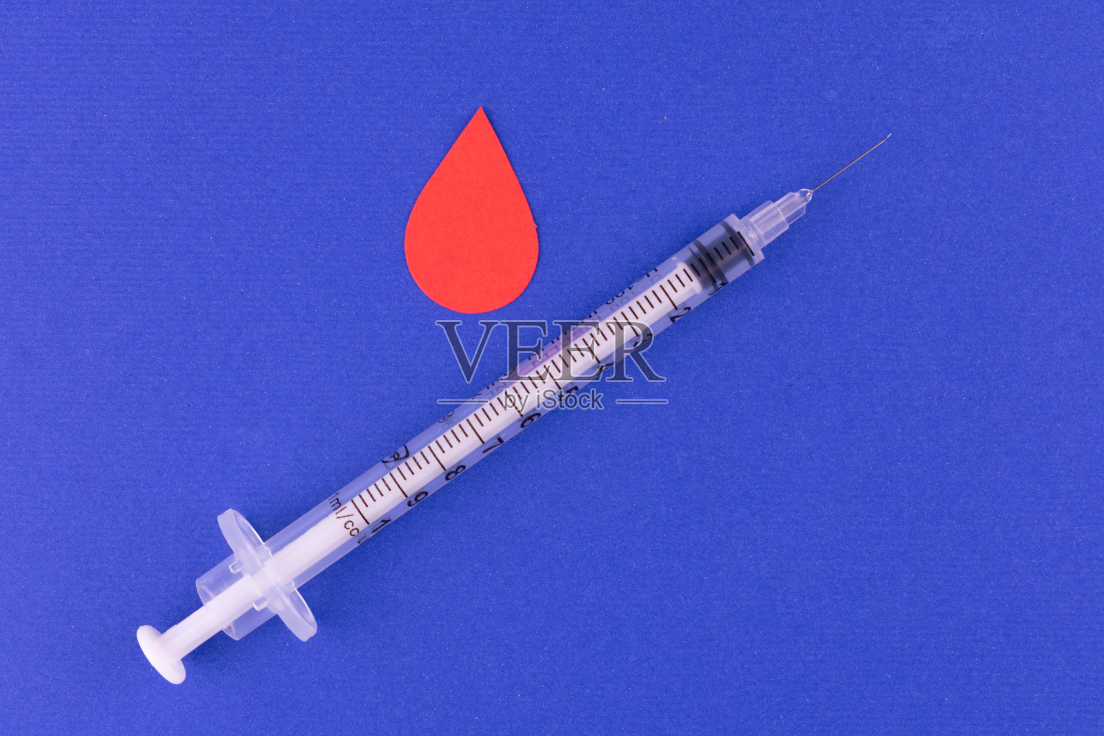 胰岛素注射器和一滴血。糖尿病疾病的概念。照片摄影图片