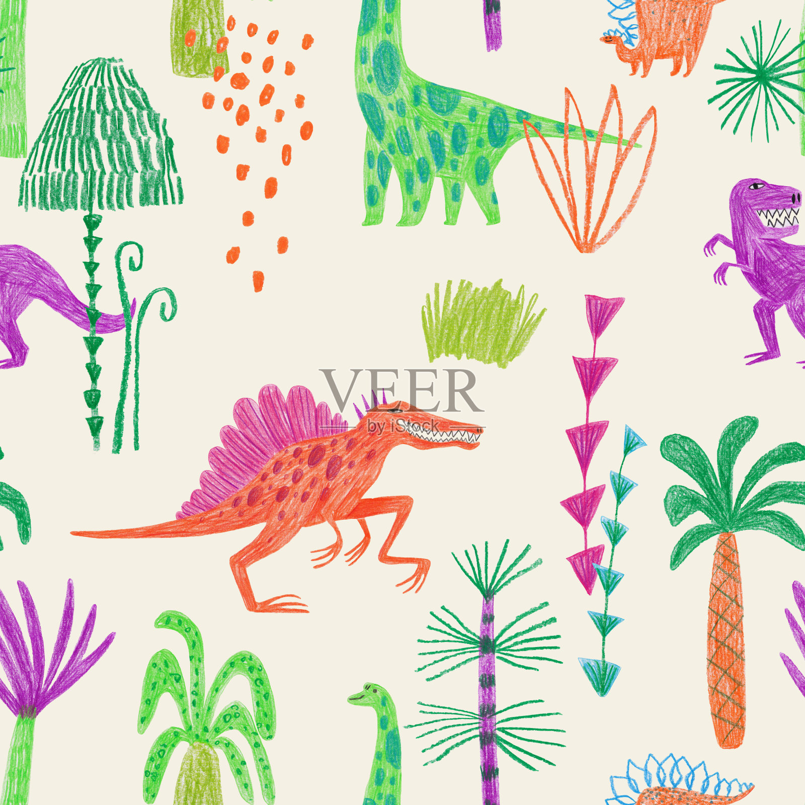 有趣的恐龙和热带植物的夏季无缝图案插画图片素材
