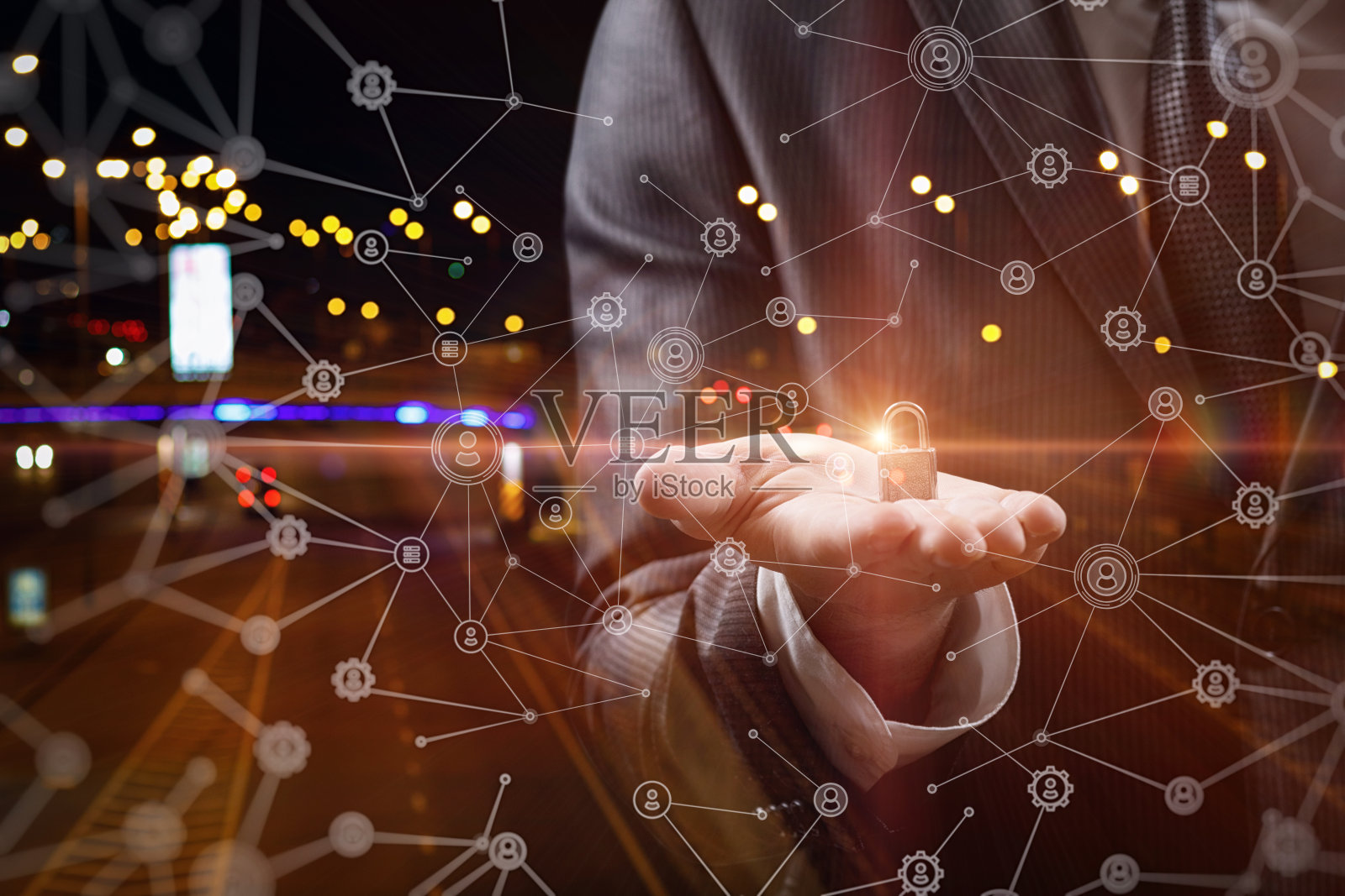 在城市通信网络中安装防护装置的概念。照片摄影图片