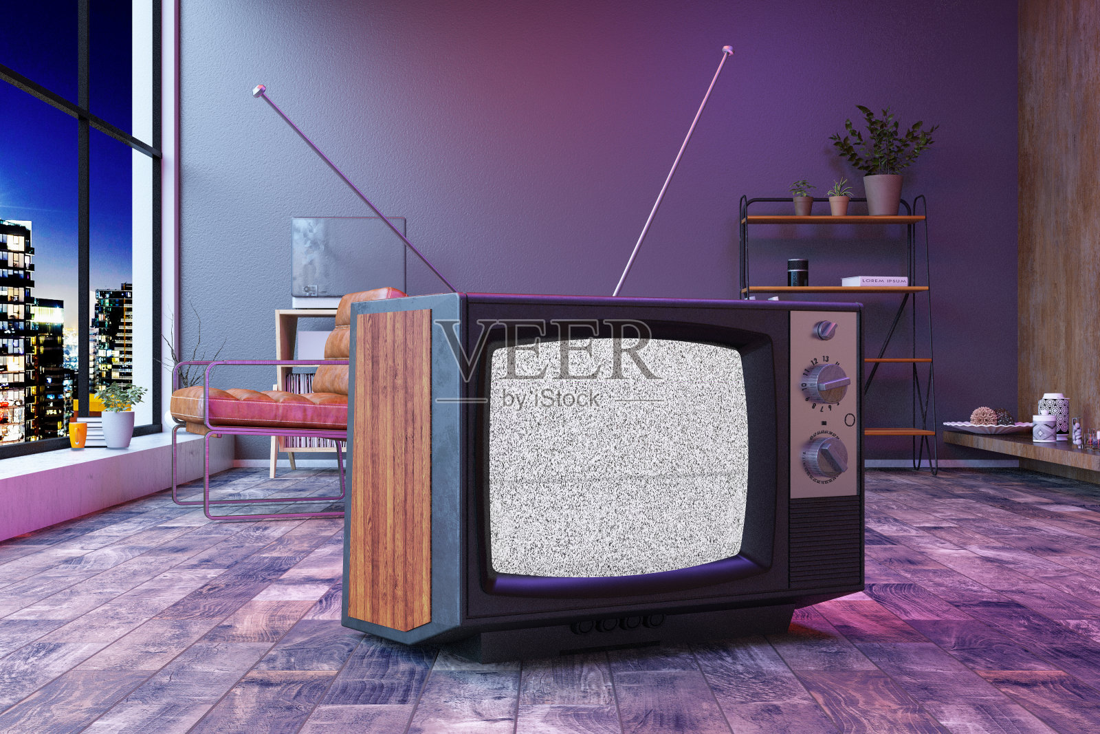 夜晚，舒适的客厅里有一台老式电视，屏幕嘈杂照片摄影图片