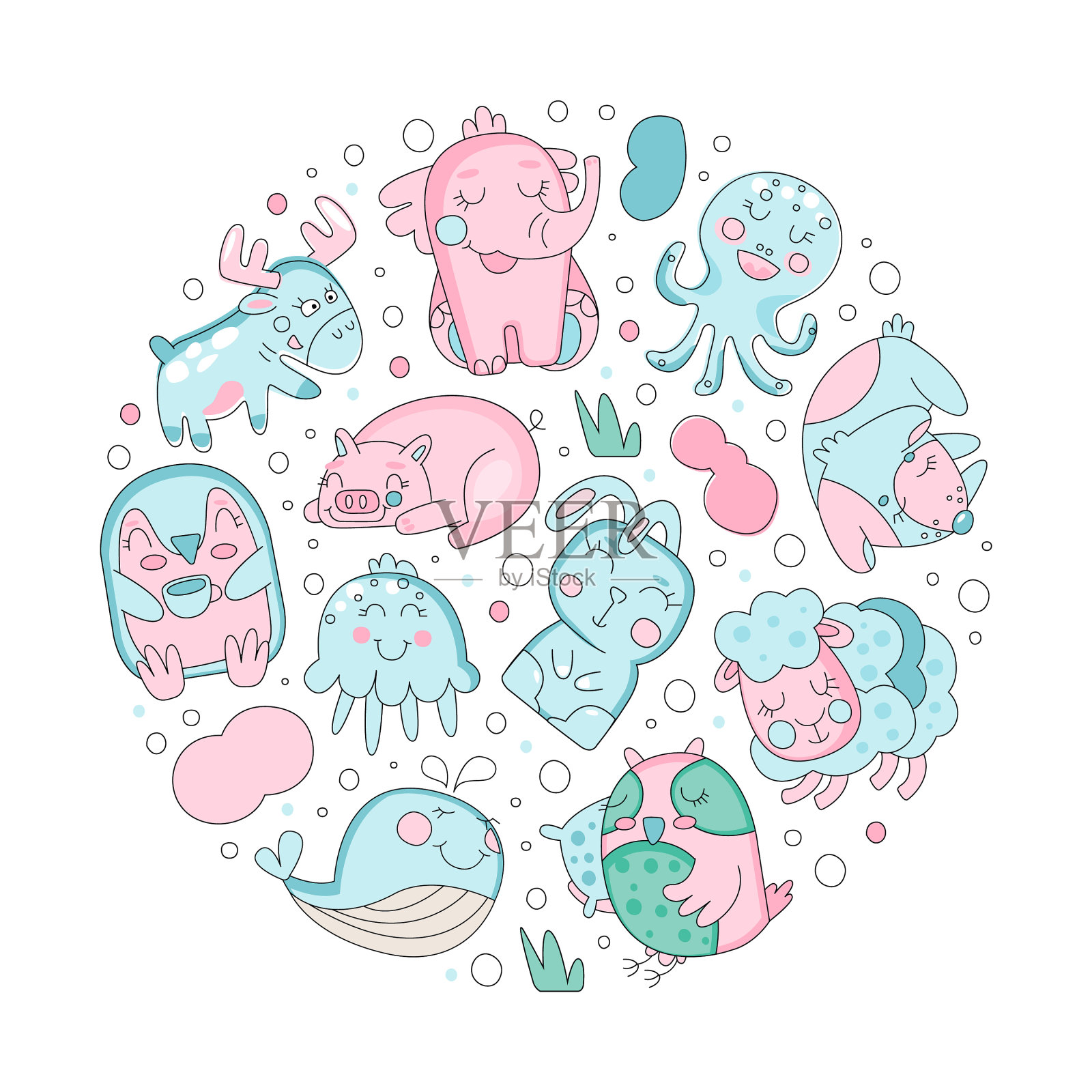 可爱的粉红色和蓝色的小动物排成一圈设计元素图片