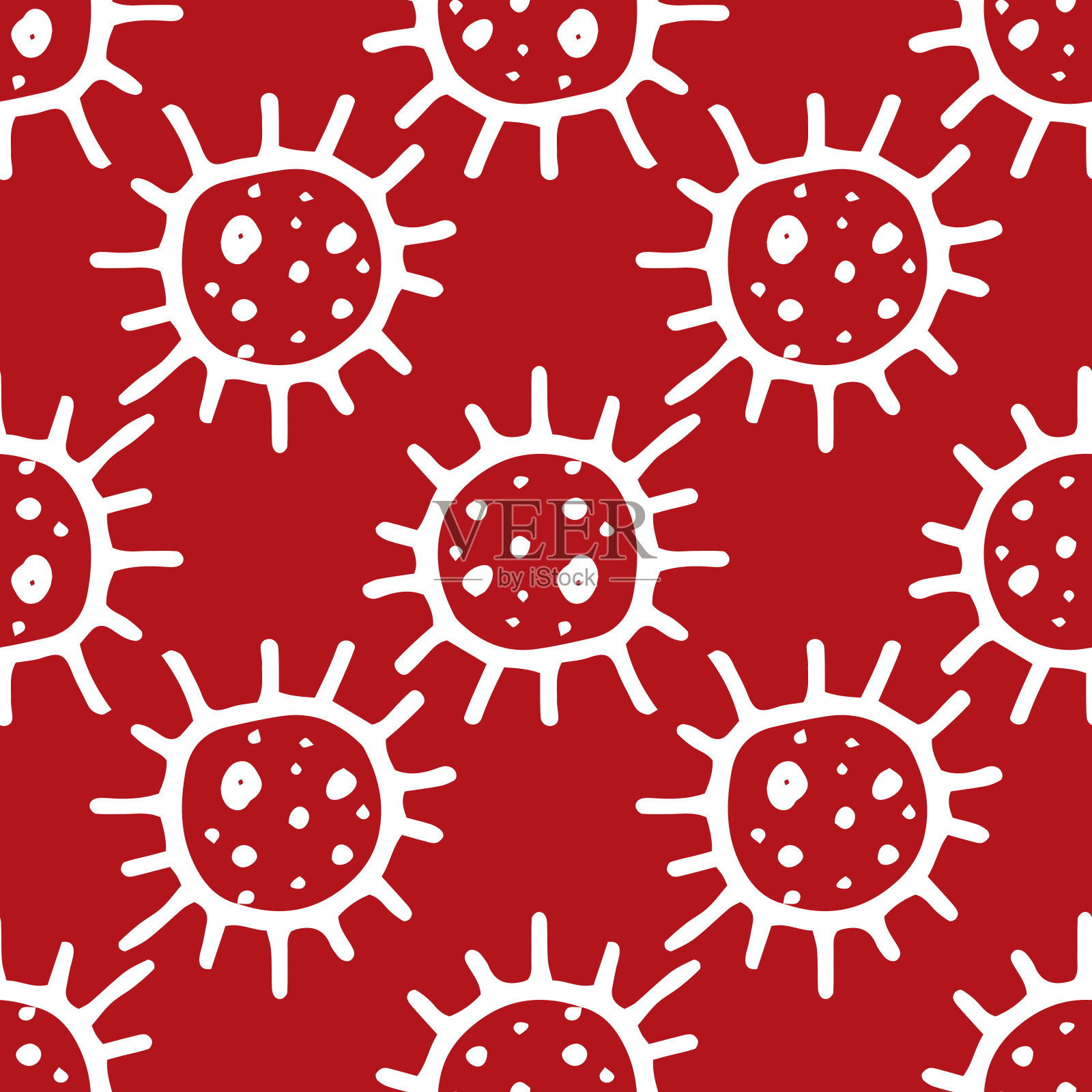 一种病毒和细菌的模式。手工绘制的圆形微生物，带有射线和圆点的纹理，通常在红色的孤立白色轮廓上作为设计模板插画图片素材