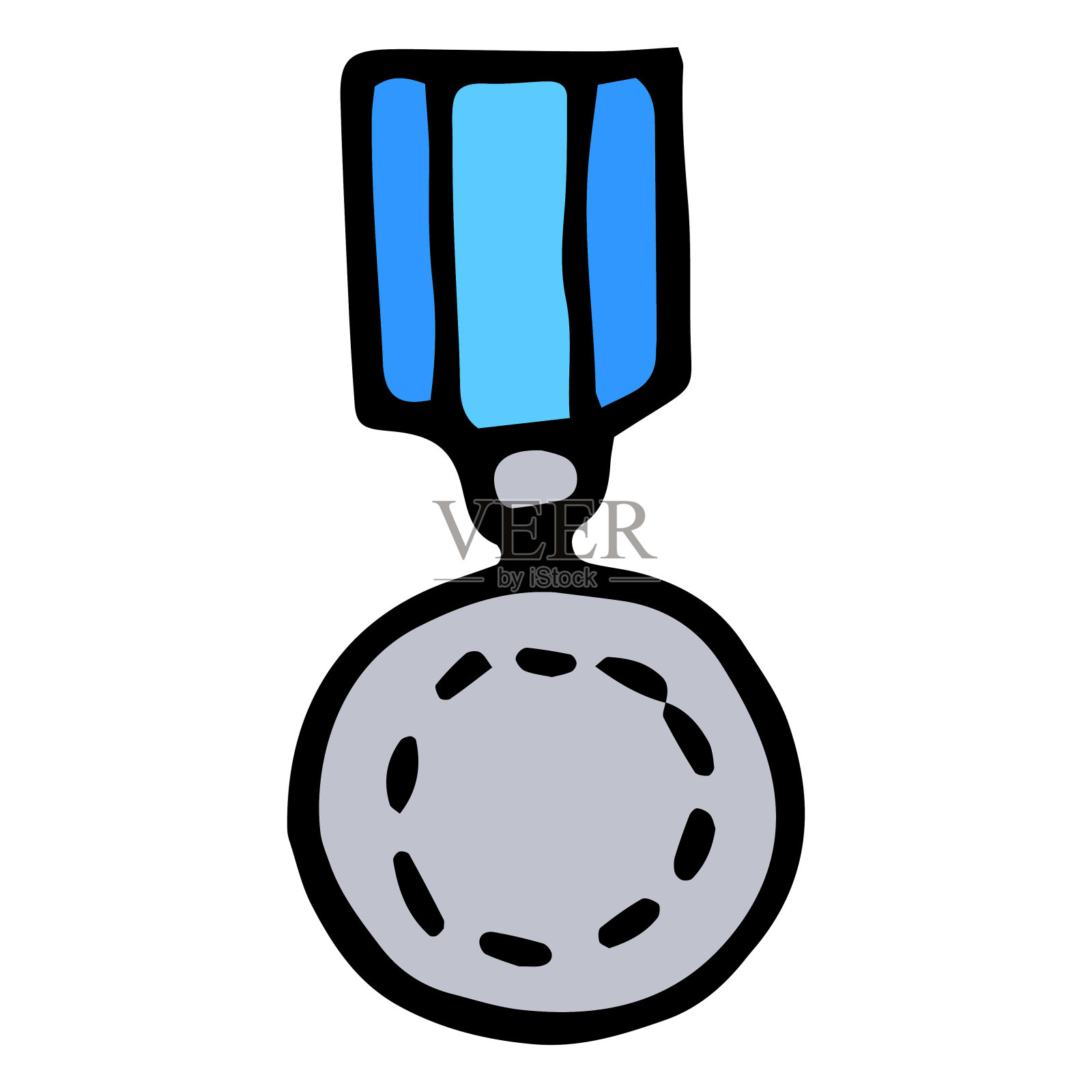 银牌和第二名的蓝丝带徽章。圆形顺序在灰色的涂鸦风格，圆形短在蓝色丝带上，孤立的元素在白色的设计模板设计元素图片