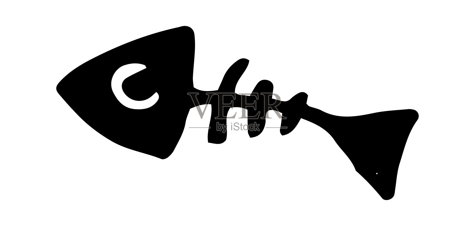 FISH骨骼的剪影。涂鸦风格的小鱼与骨头，侧视图，孤立的黑色轮廓插画图片素材