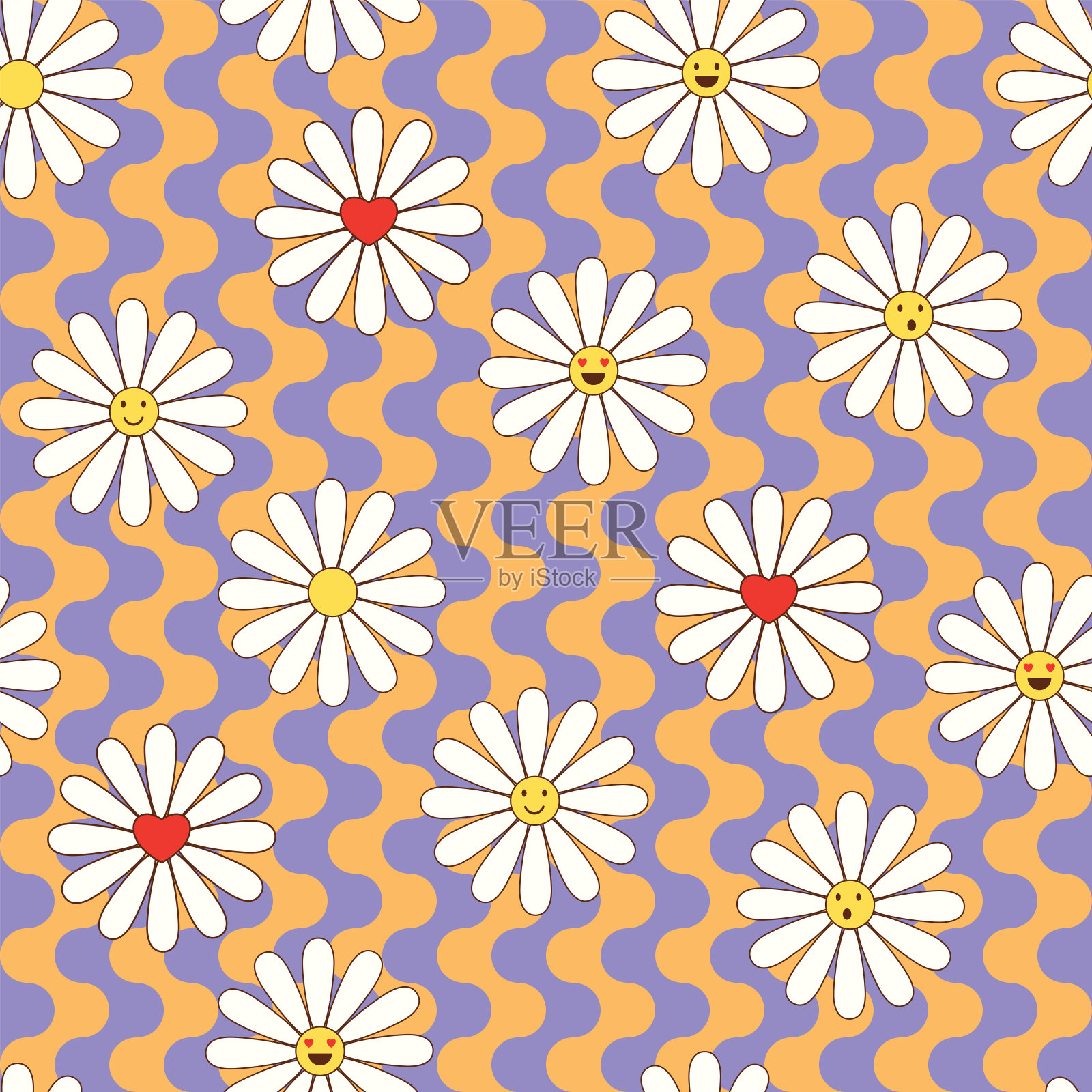 彩色无缝图案几何风格与凌乱的花朵。Groovy和有趣的向量打印笑脸在洋甘菊花，卡通风格。复古嬉皮士美学，爱与和平插画图片素材