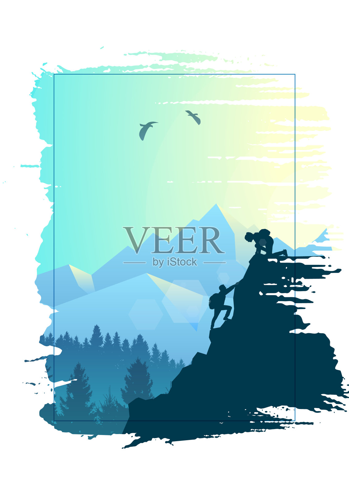 山的风景。笔触的框架。徒步旅行。冒险。探索自然、探索自然、观察自然的旅游理念。多边形极简的平面设计。自然的插图。插画图片素材