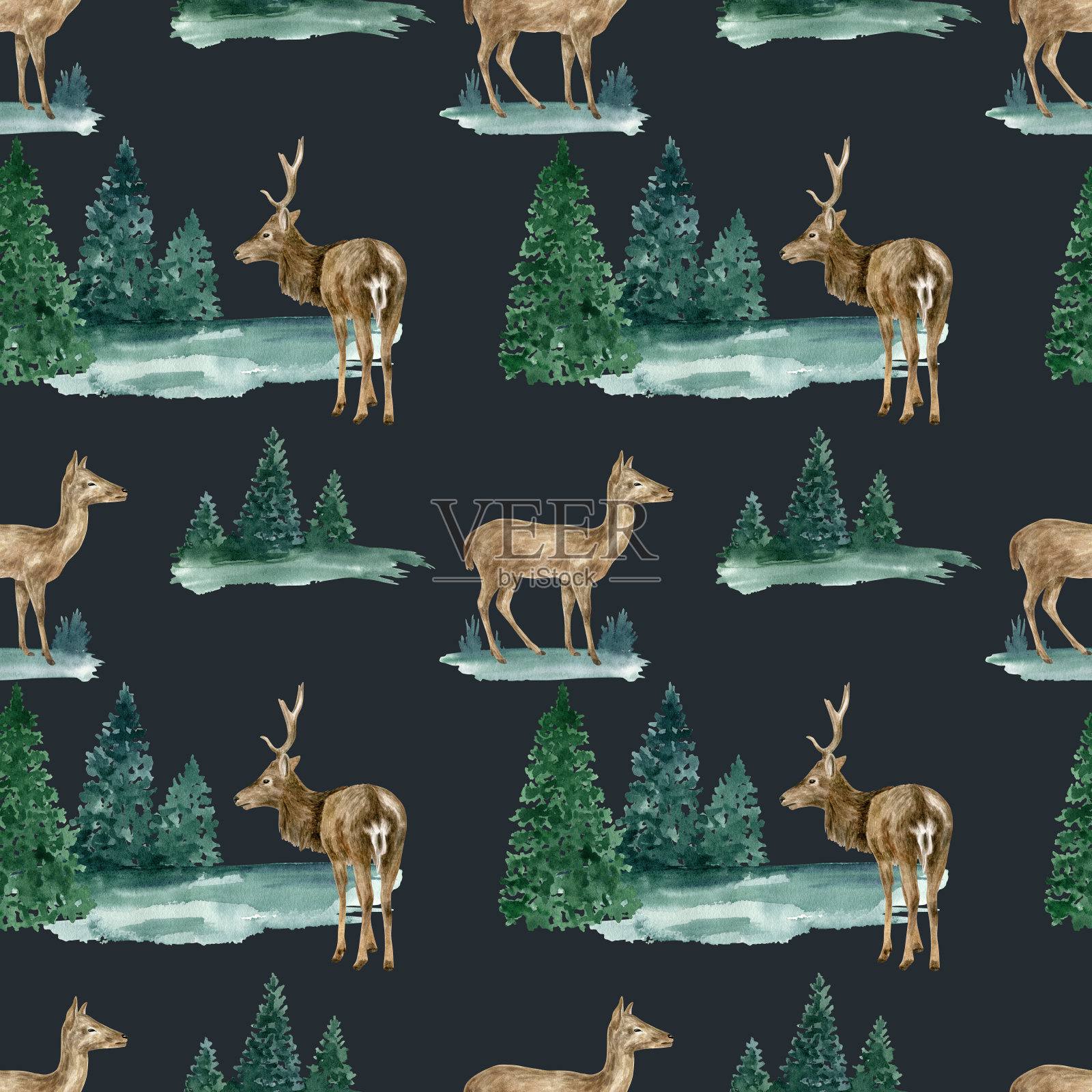 水彩圣诞无缝图案与鹿和风景。手绘现实的鹿，小鹿与冷杉树在深蓝色的背景。林地插图的织物，墙纸，印刷。插画图片素材