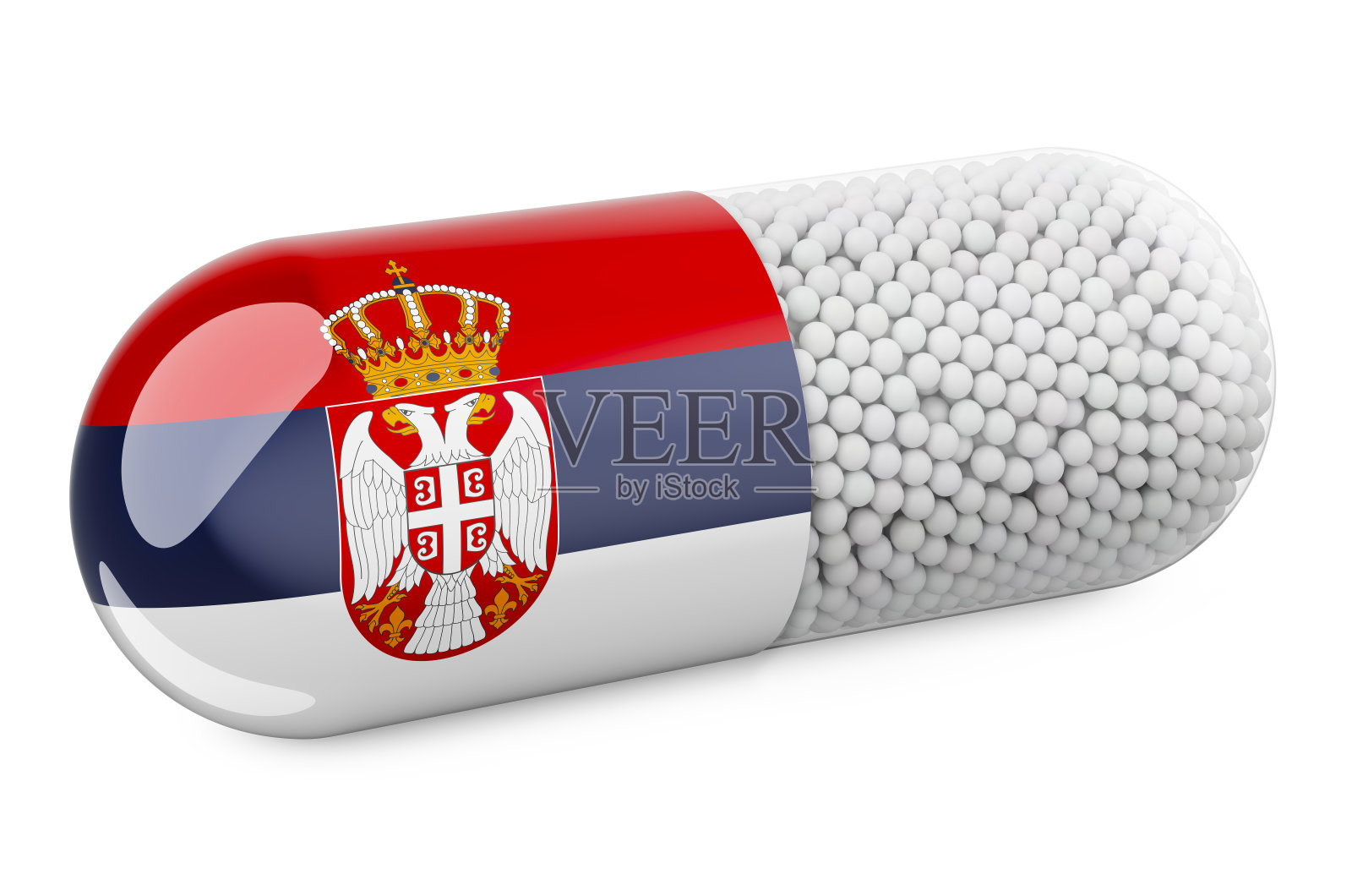 塞尔维亚国旗药丸胶囊。塞尔维亚的医疗保健概念。三维渲染照片摄影图片