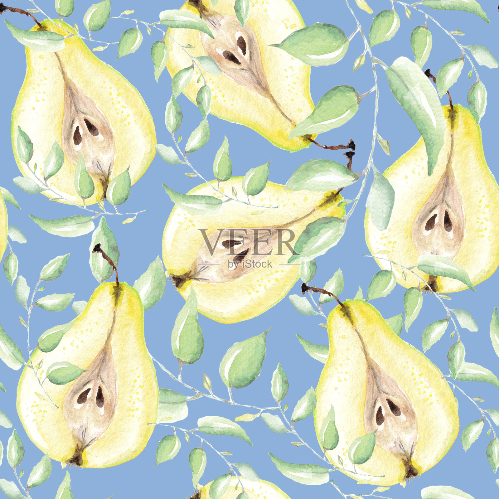 带叶子的无缝梨子图案。把绿梨和黄梨切成两半，放在蓝色的底色上。插画图片素材