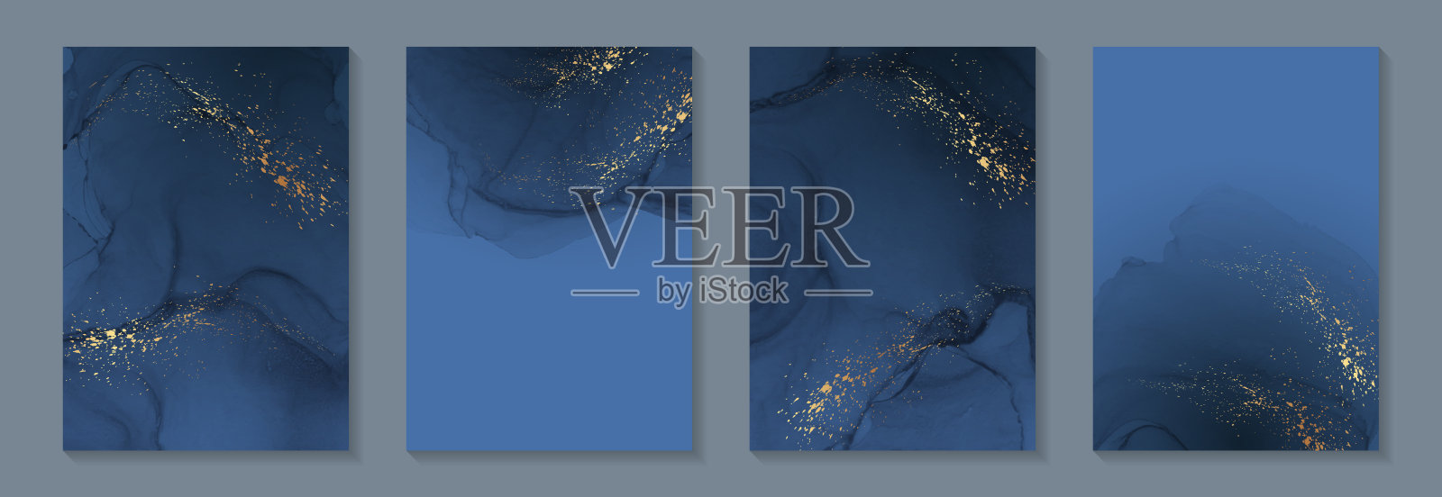 水彩背景与抽象海军蓝墨波和金色飞溅。插画图片素材