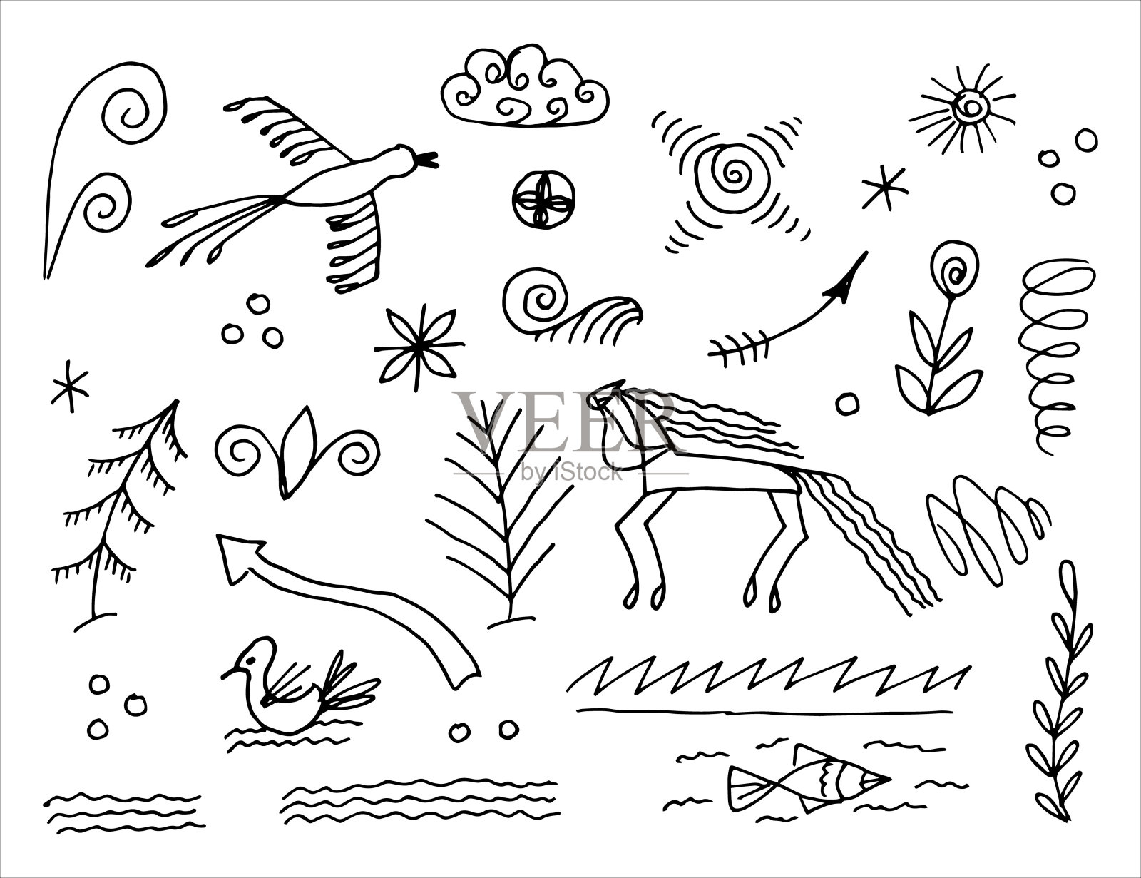 为设计概念手绘不同的涂鸦元素集合。涂鸦风格的箭头、波浪、折线、水滴、圆形、卷曲的波浪、几何形状和其他抽象物体。插画图片素材