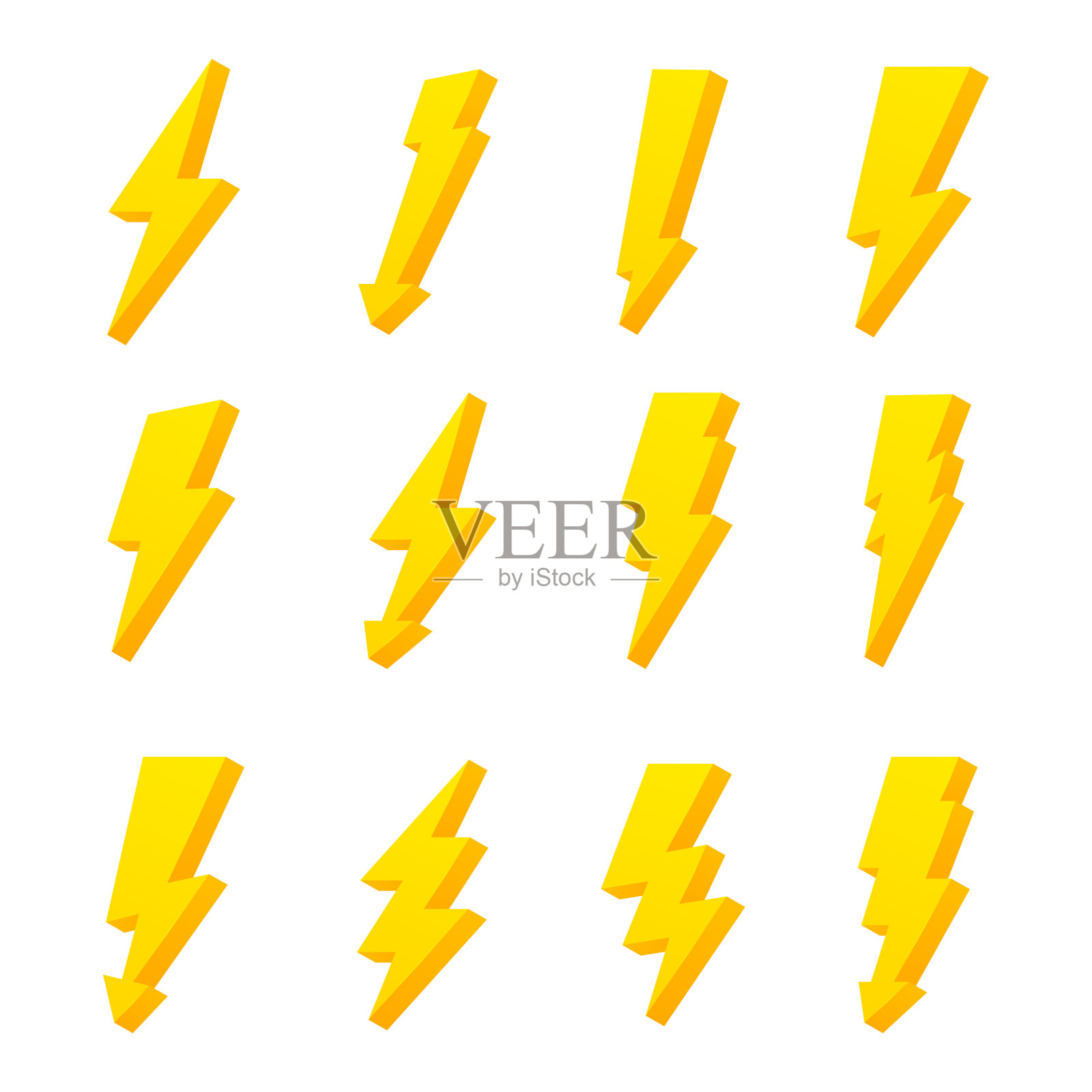 收集三维闪电形状等距矢量插图自然电闪光灯指针设计元素图片