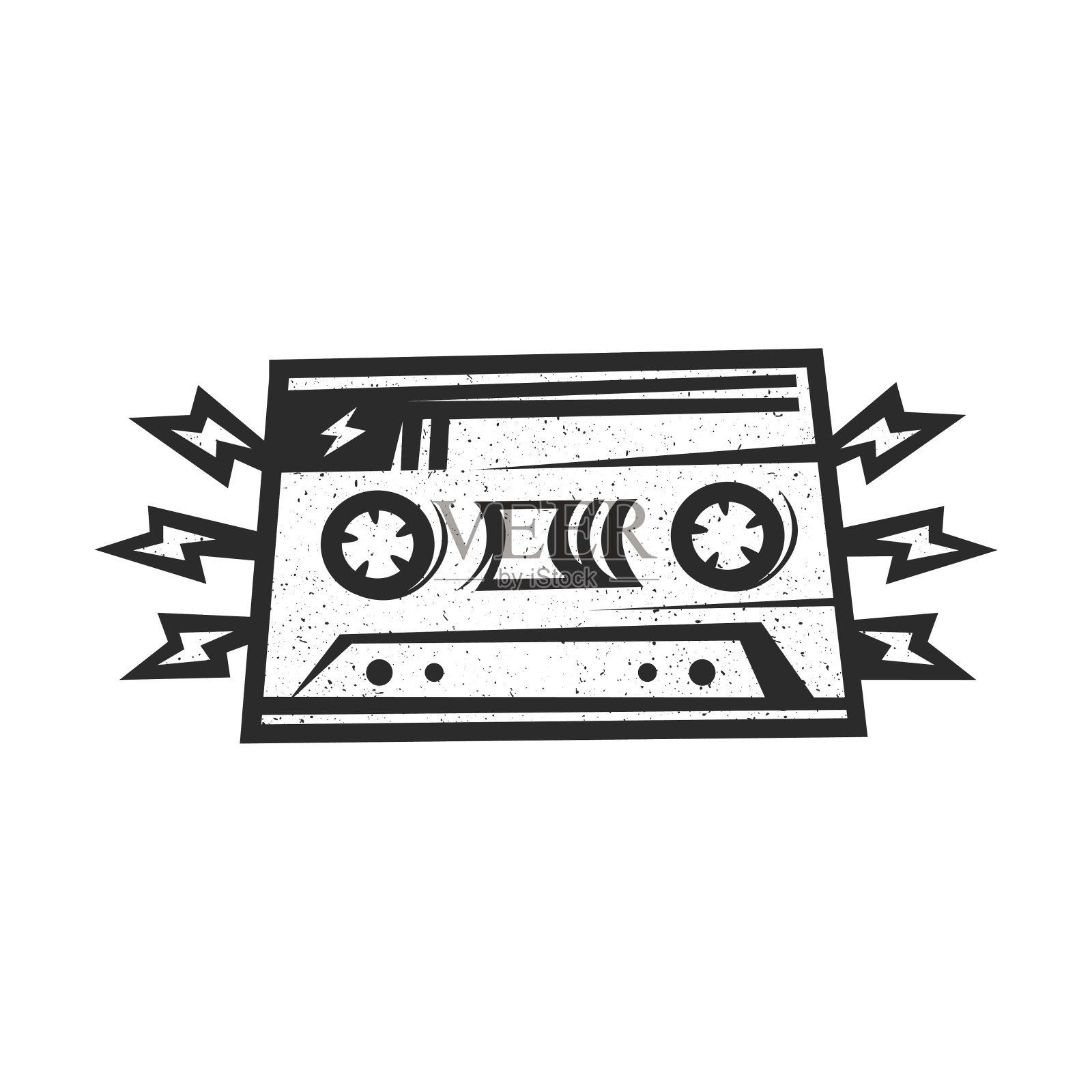 复古的黑色和白色风格化的旧录音带标志与声音孤立在白色背景上插画图片素材