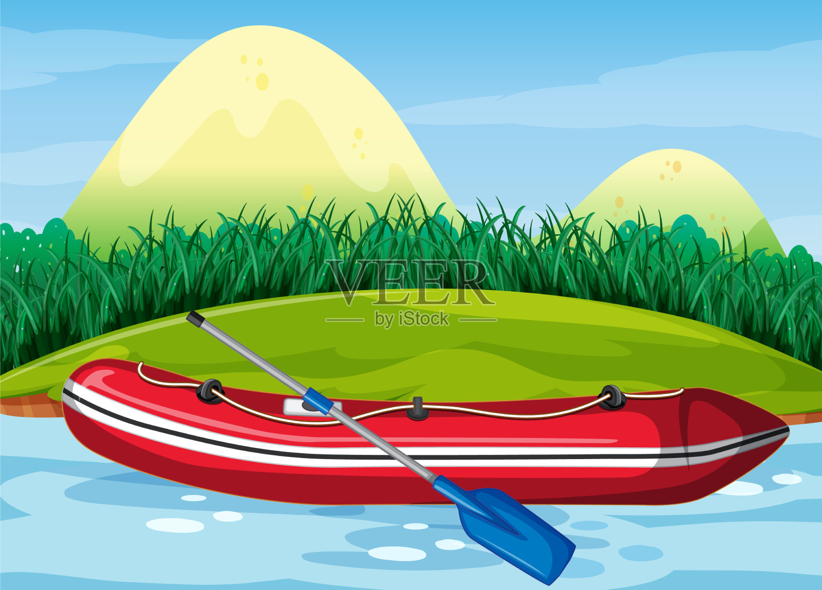 充气船与划桨在自然风光插画图片素材