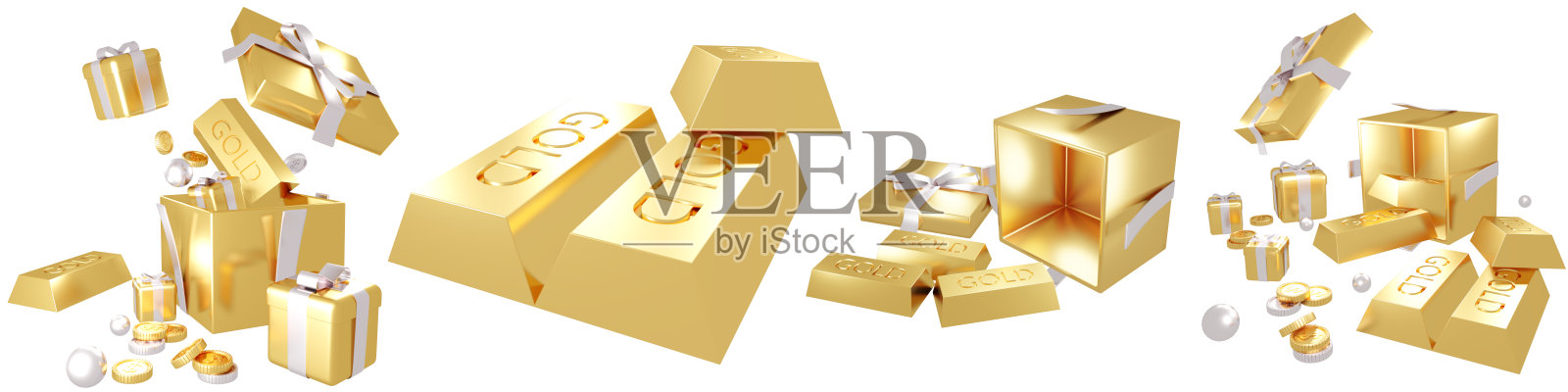 金条和礼物元素分离在白色背景上的3D渲染集。3 d渲染插图。照片摄影图片