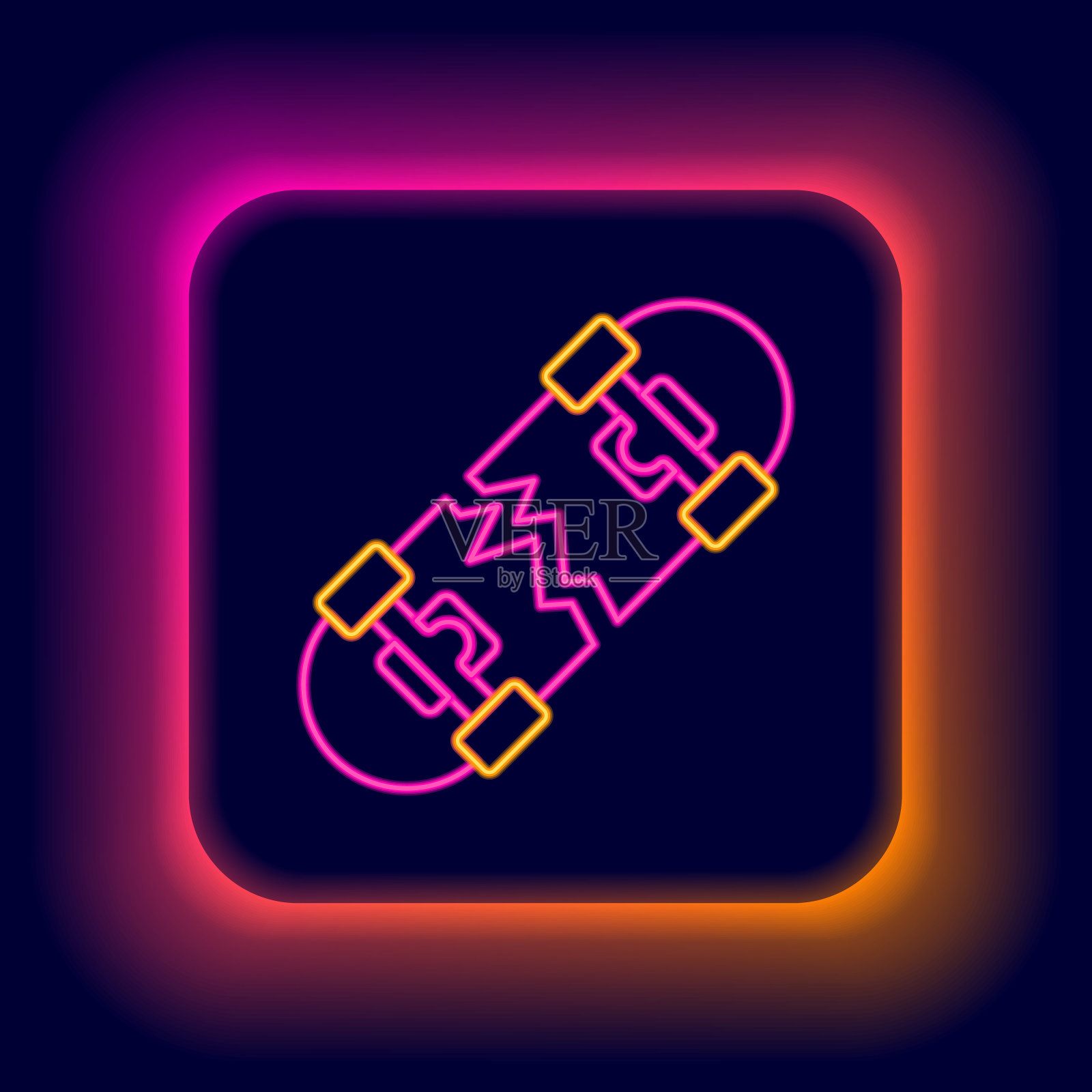 发光的霓虹灯线断滑板图标孤立在黑色背景。极限运动。运动设备。色彩斑斓的轮廓的概念。向量插画图片素材