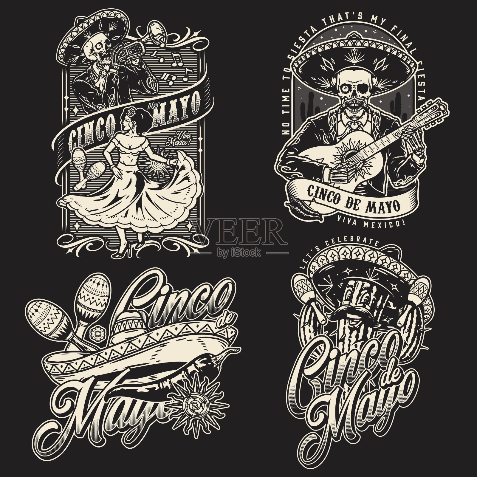 单色标志设置为墨西哥假日插画图片素材