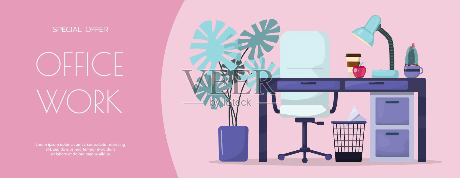 平面矢量横幅模板的办公室，业务解决方案，启动，时间管理，计划和战略。为网站，办公室工作，自由职业者，远程工作，家庭办公室的现代卡通插图概念插画图片素材