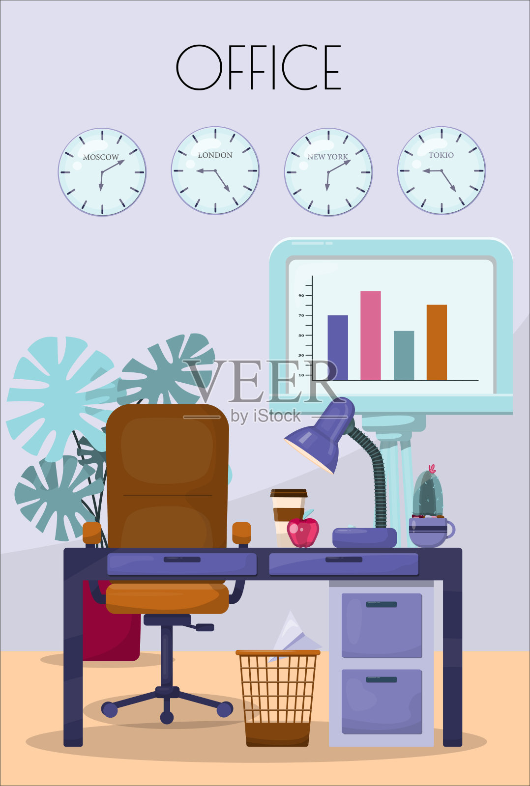 平面矢量横幅模板的办公室，业务解决方案，启动，时间管理，计划和战略。为网站，办公室工作，自由职业者，远程工作，家庭办公室的现代卡通插图概念插画图片素材