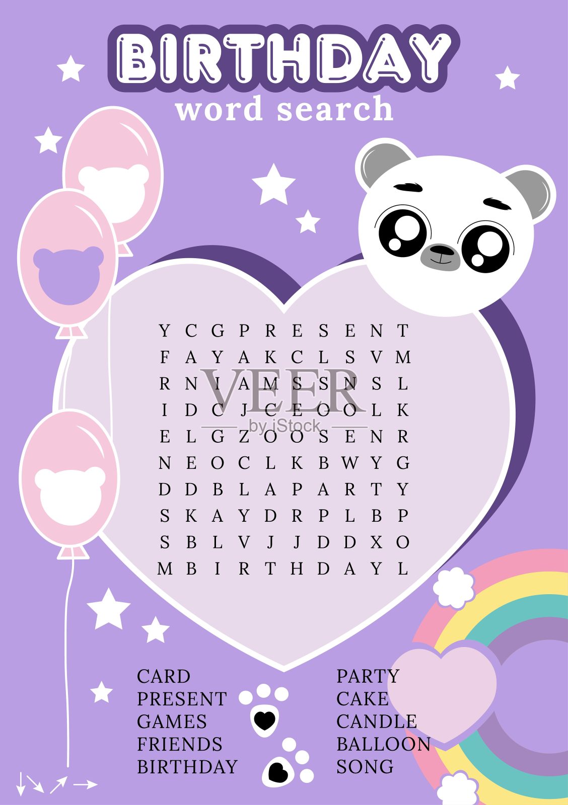 生日字谜。打印益智游戏的儿童。和可爱的卡哇伊熊填字游戏。Сolorful学习英语单词的工作表。插画图片素材