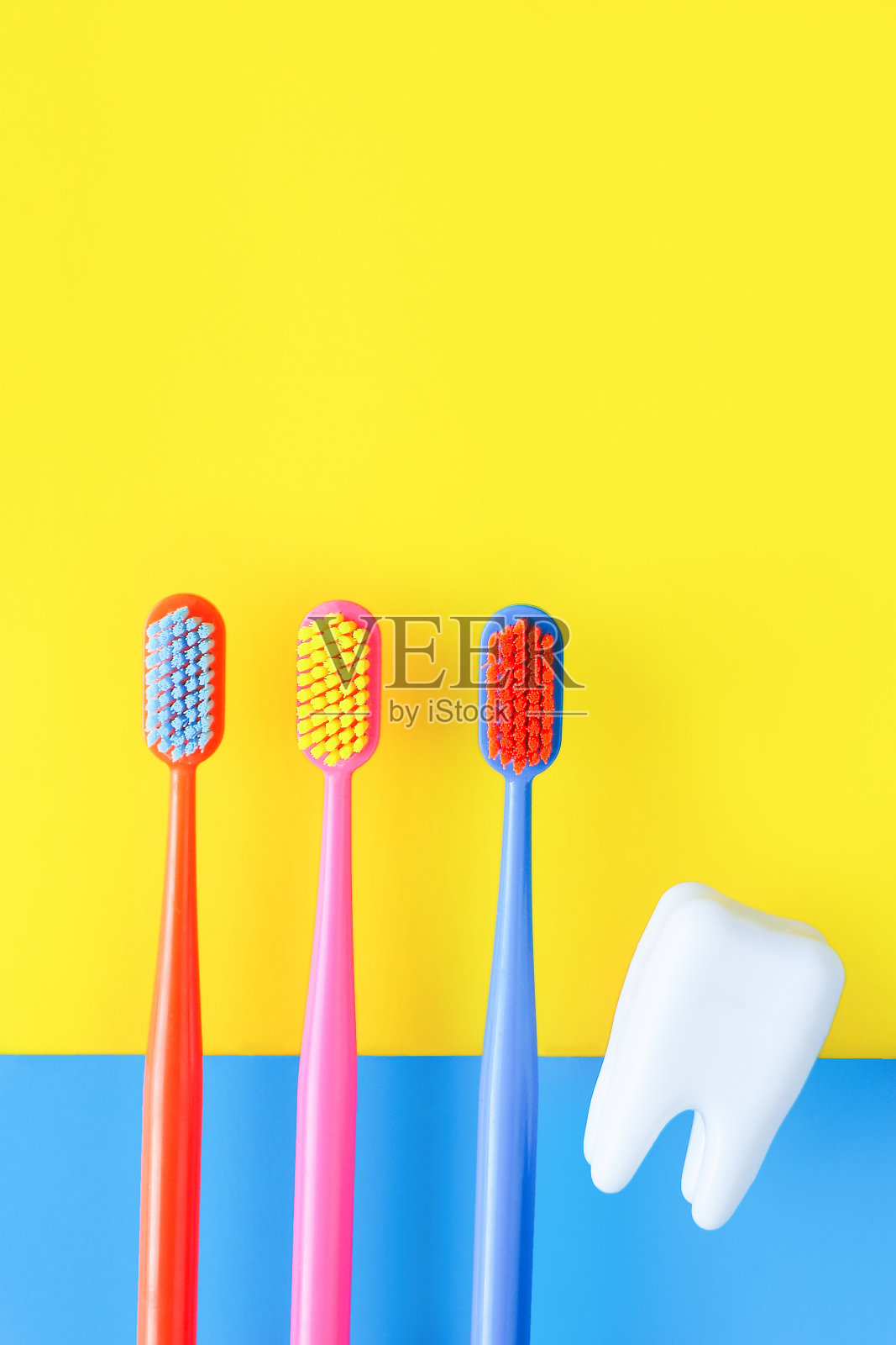 三把彩色牙刷和一个蓝黄色背景上的牙齿雕像。牙科的广告概念。照片摄影图片