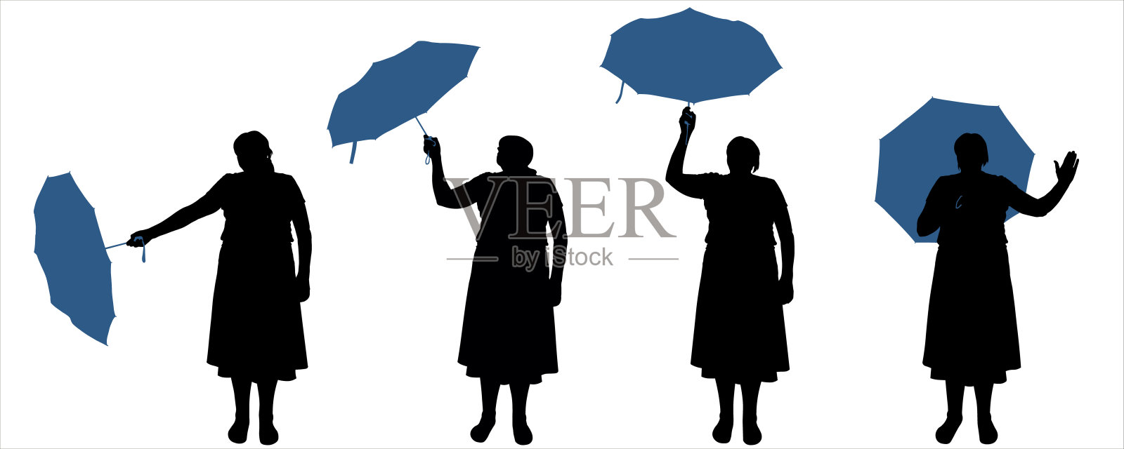 女人在面前撑着一把开着的伞，看着伞。快乐的女人，手里撑着一把开着的伞。前视图。多雨的天气。四个蓝色和黑色的女性剪影孤立在白色上。插画图片素材