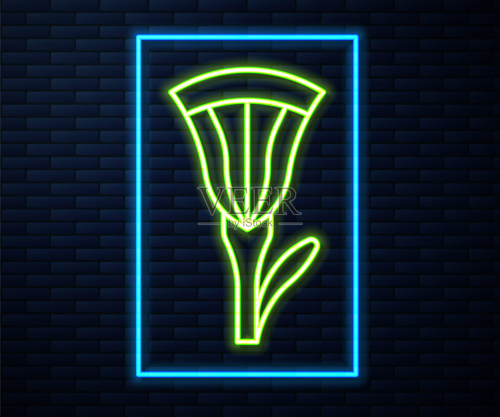 发光的霓虹灯线埃及莲花图标孤立在砖墙背景。向量插画图片素材