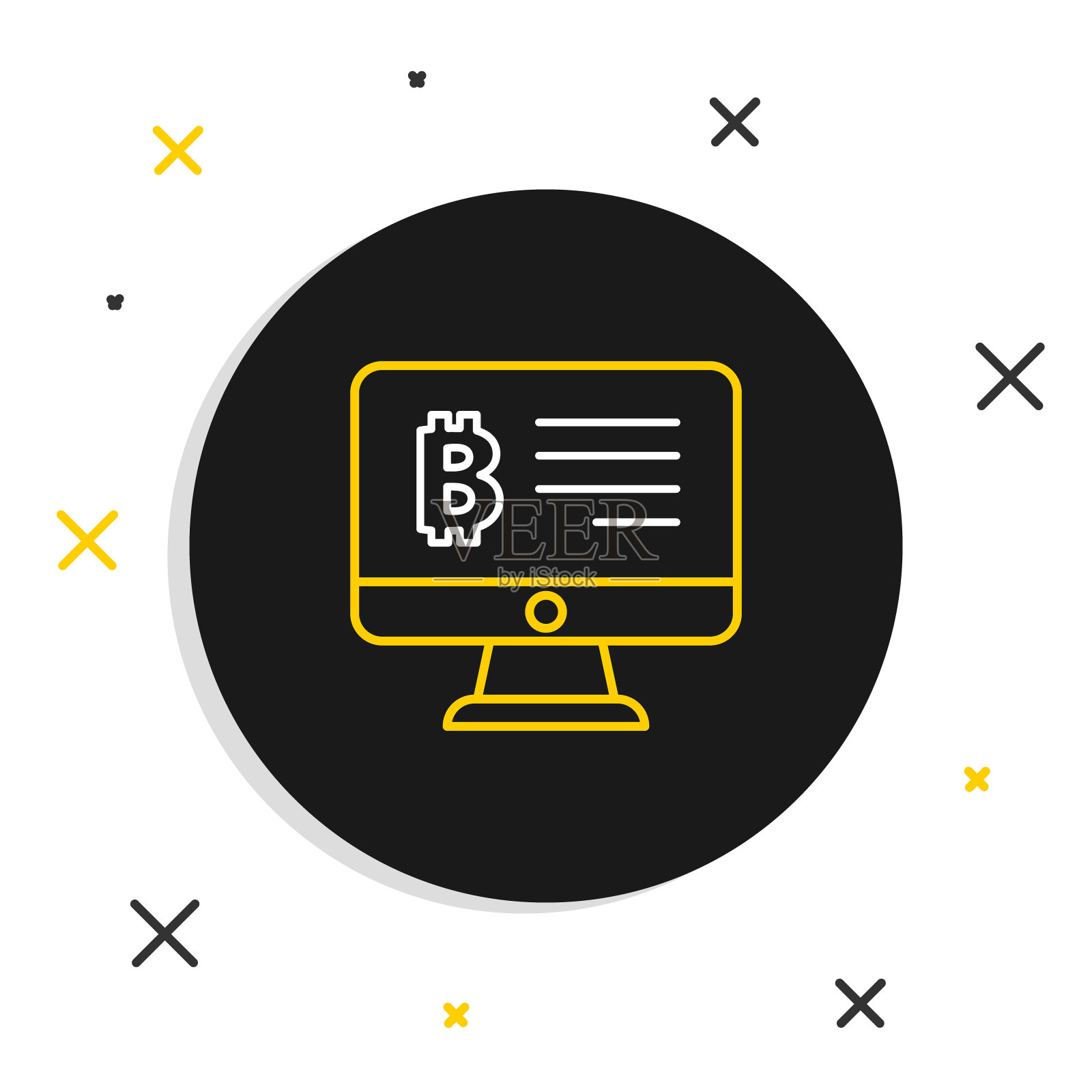 线挖掘比特币从监视器图标孤立在白色背景。加密货币挖掘，区块链技术服务。色彩斑斓的轮廓的概念。向量插画图片素材