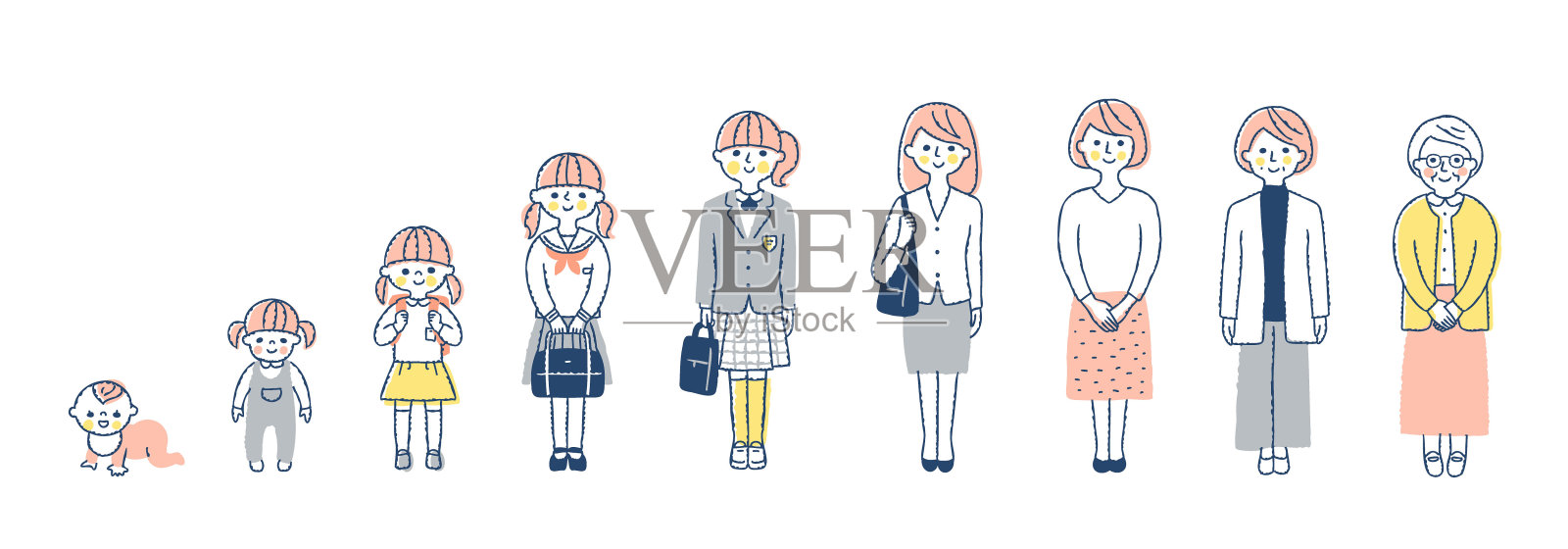 一组展示女性成长阶段的插图(全身)插画图片素材