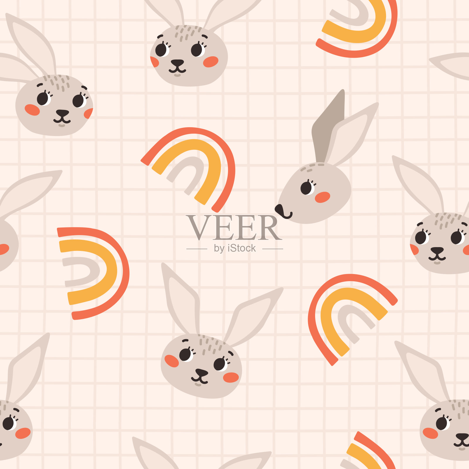 可爱的孩子气无缝图案与兔子和彩虹在格子的背景。卡通矢量插图。纺织品和纸的苗圃印刷。插画图片素材