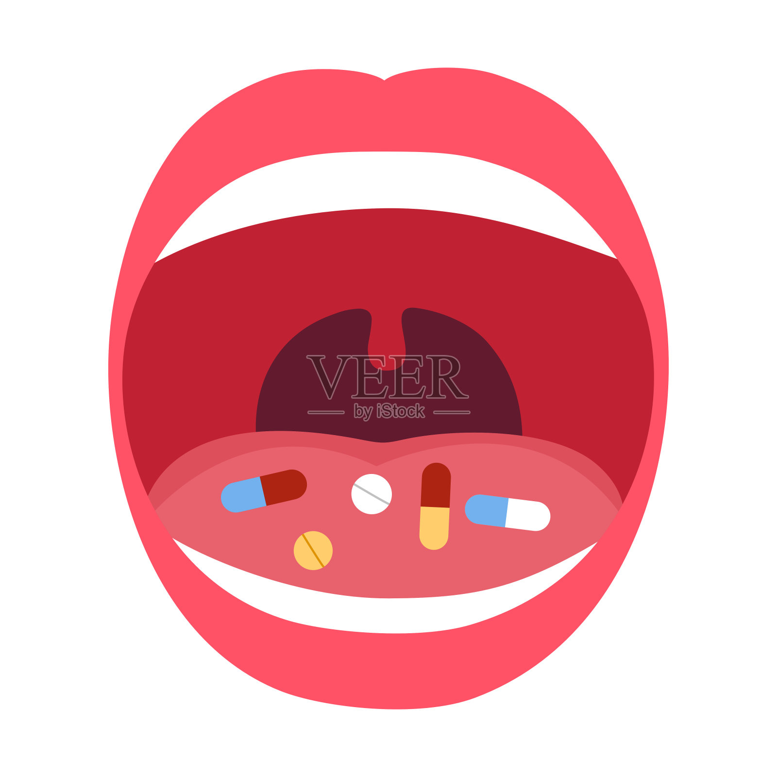 药品胶囊和片剂口平设计白色背景。以医学概念矢量插图为例。插画图片素材