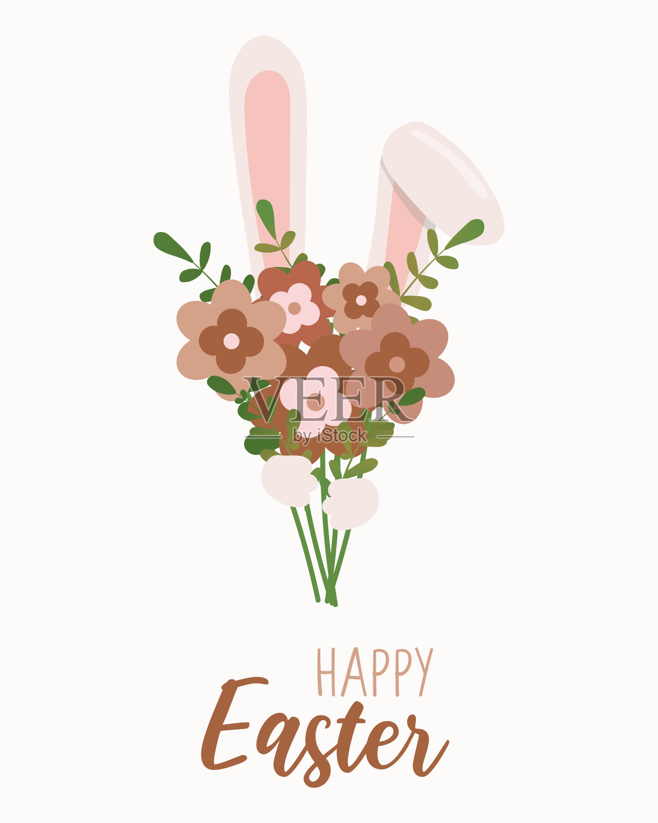 复活节兔子捧着花束的贺卡。矢量插图。复活节快乐!插画图片素材