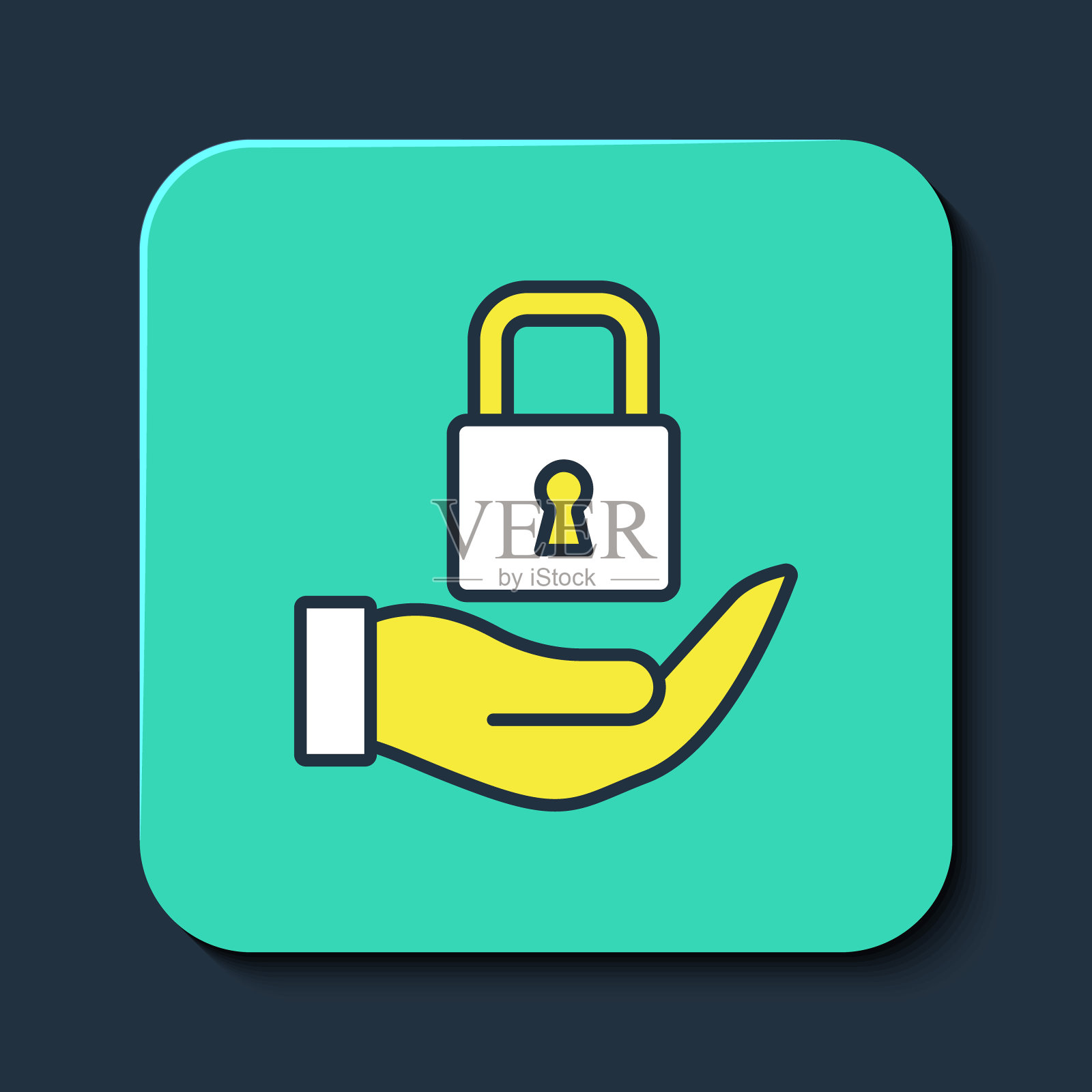 填充轮廓锁定图标孤立在蓝色背景。挂锁的迹象。安全、安全、保护、隐私理念。绿松石平方按钮。向量图标素材