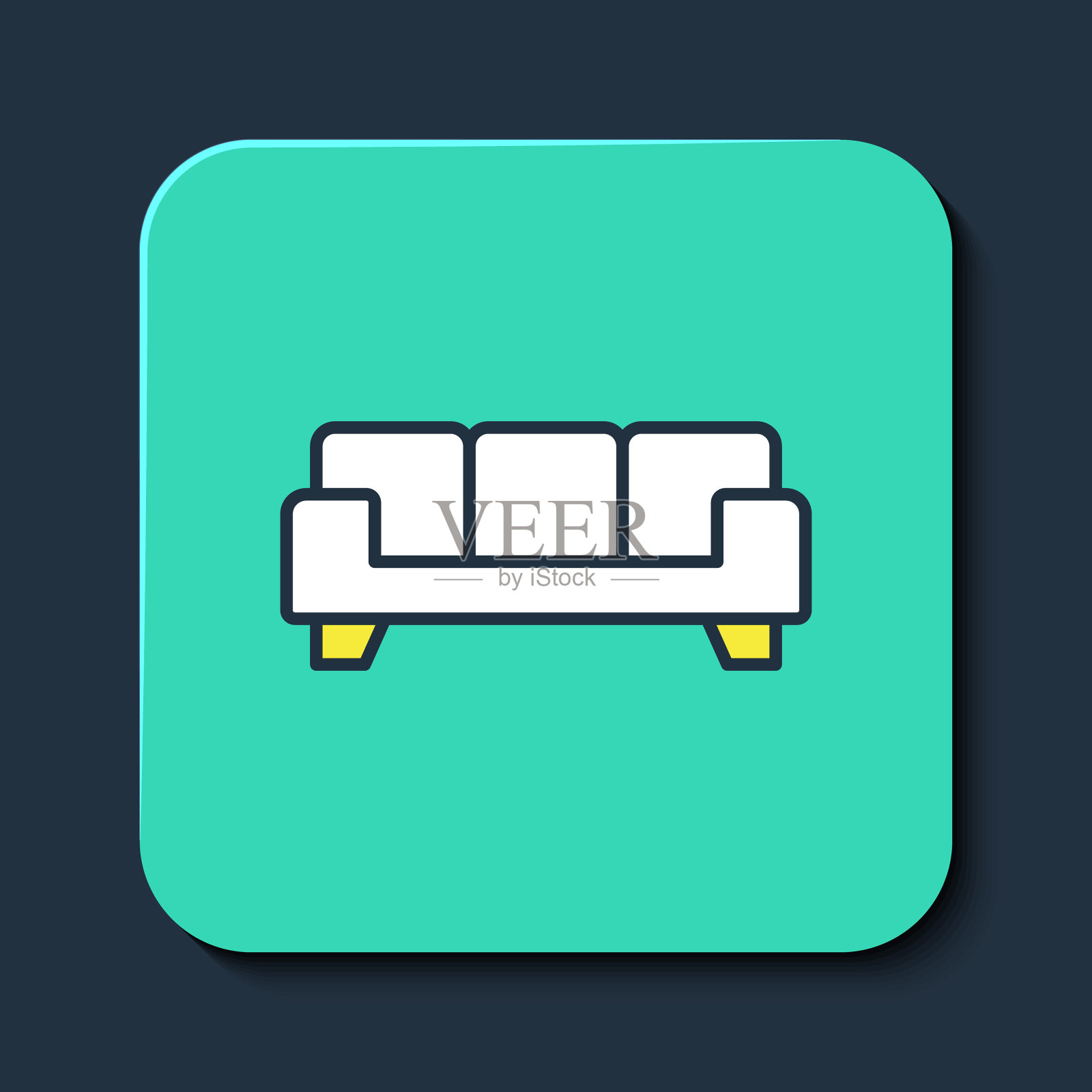 填充轮廓沙发图标孤立在蓝色背景。绿松石平方按钮。向量图标素材