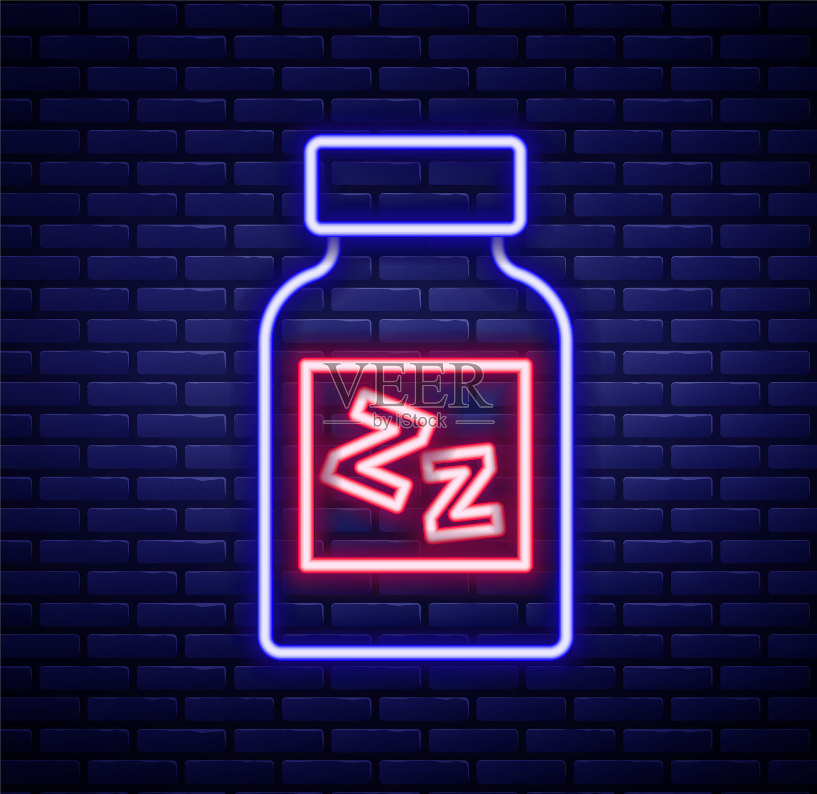 发光的霓虹灯线安眠药图标孤立在砖墙背景。色彩斑斓的轮廓的概念。向量插画图片素材
